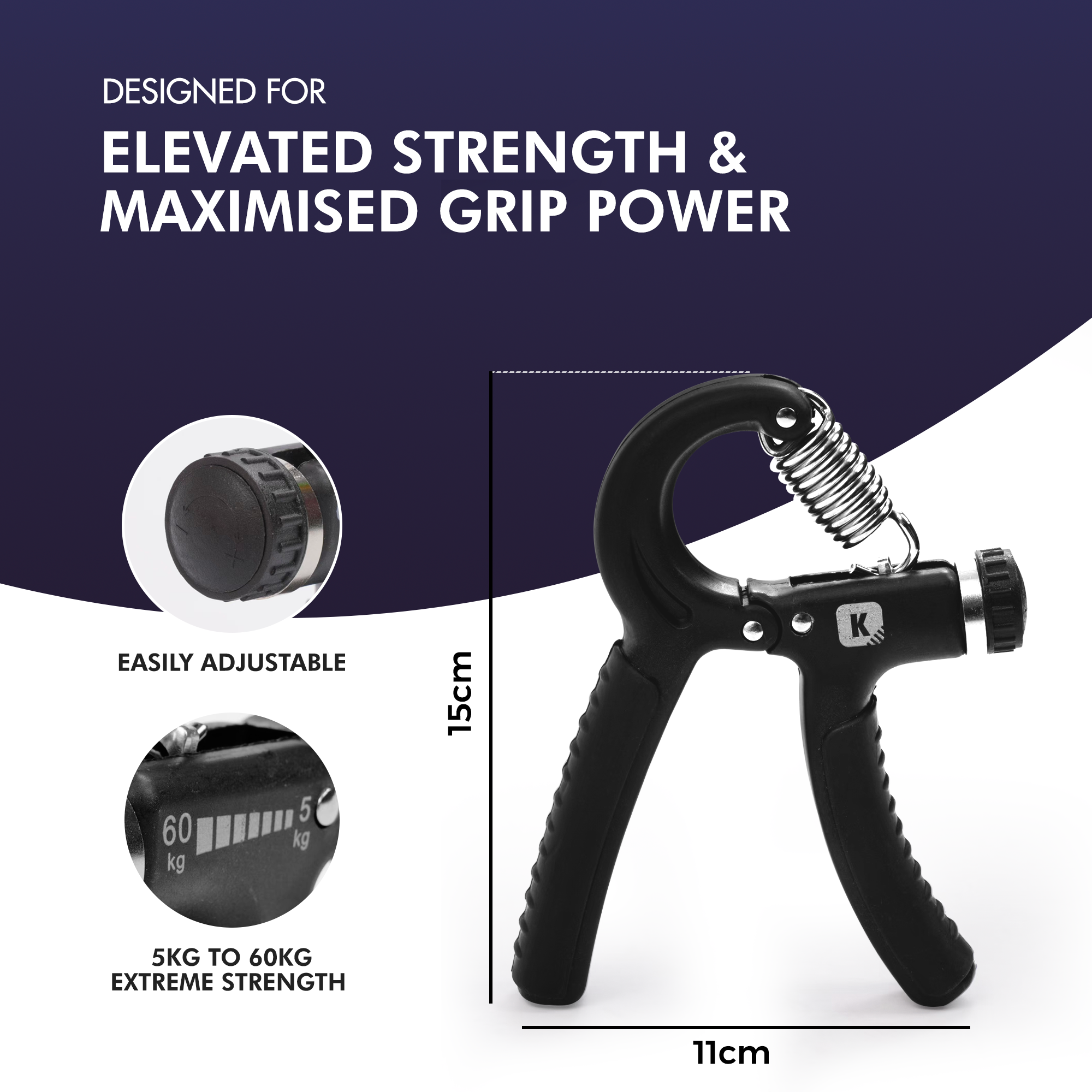 Kayman Grip Strengtheners - Adjustable Resistance Hand Exerciser - Strength Training for Forearm, Wrist & Hand - Durable PP+TPR - Fits All Hand Sizes ( Black )