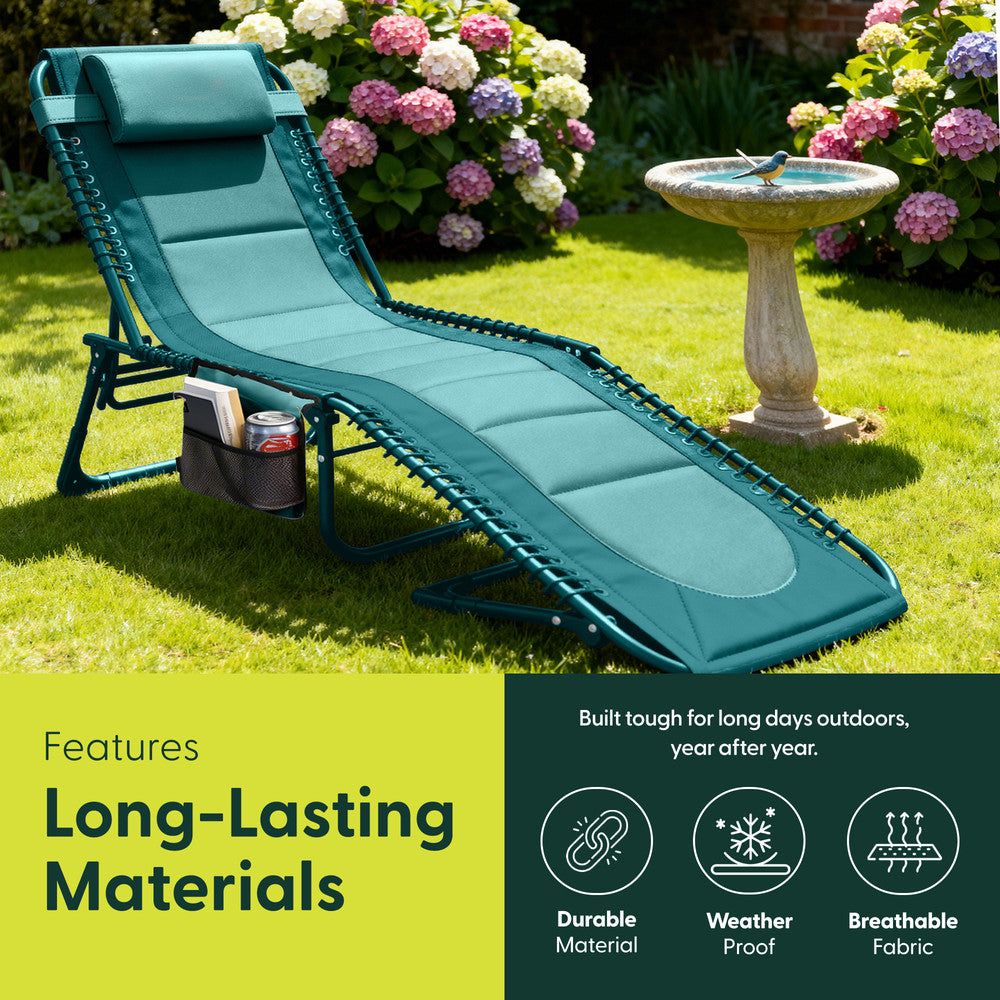 KEPLIN Foldable Sun Lounger Chair - Outdoor Garden Recliner with Color Block Design, 4 Position Adjustable Backrest, Padded 600D Oxford Fabric, Portable Patio Camping Deck Chair 110kg