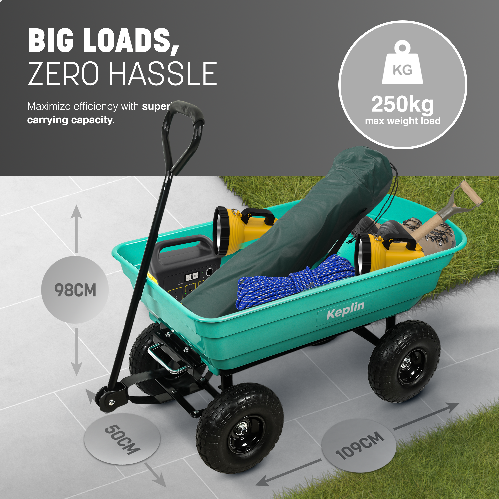 Keplin Plastic Wheelbarrow Cart(75L - 250kg Load), Heavy Duty Wheel Barrow with Tipping Mechanism, Tow Hitch & Pull Handle, Durable Steel Frame, 10” Pneumatic Wheels for Easy Transport on All Terrain
