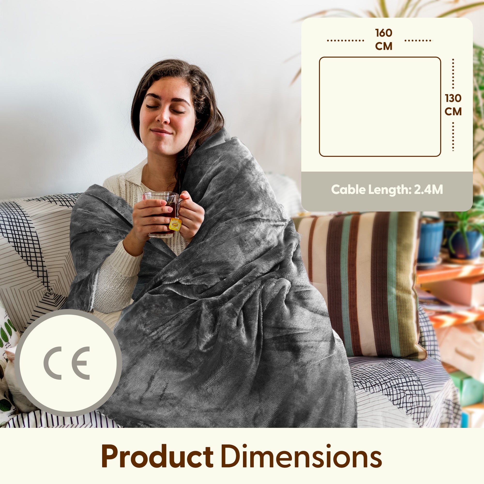 Electric Heated Throw Blanket - Machine Washable Fleece Wool Duvet, 9 Heat Settings & Timer