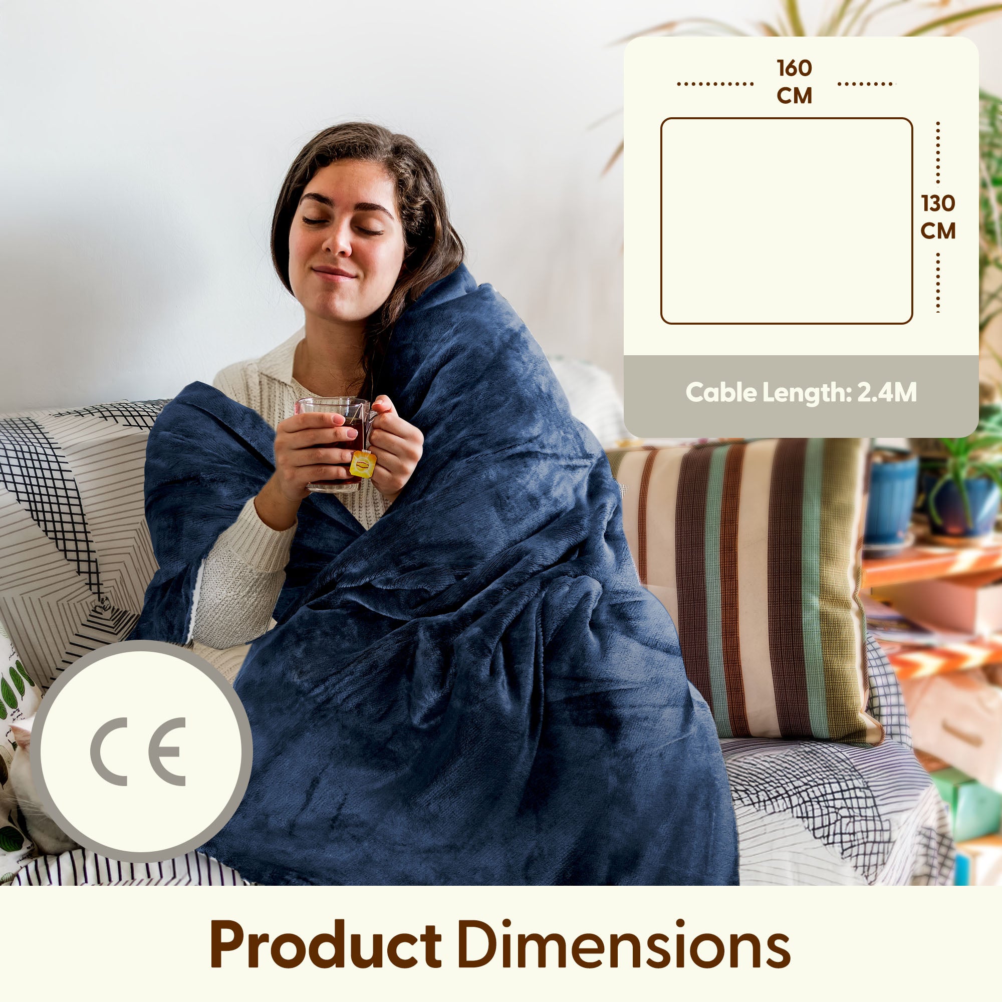 Electric Heated Throw Blanket - Machine Washable Fleece Wool Duvet, 9 Heat Settings & Timer