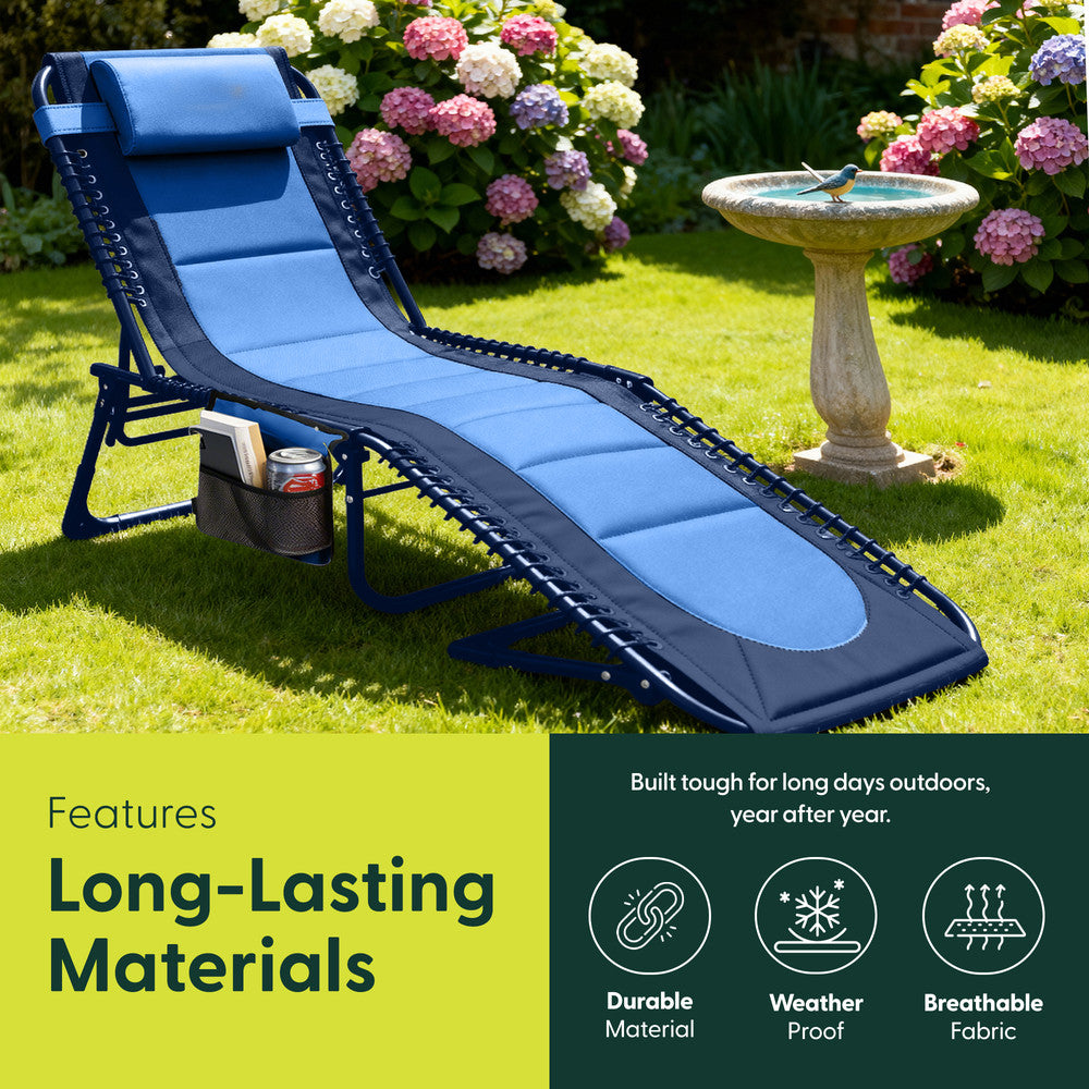 KEPLIN Foldable Sun Lounger Chair - Outdoor Garden Recliner with Color Block Design, 4 Position Adjustable Backrest, Padded 600D Oxford Fabric, Portable Patio Camping Deck Chair 110kg