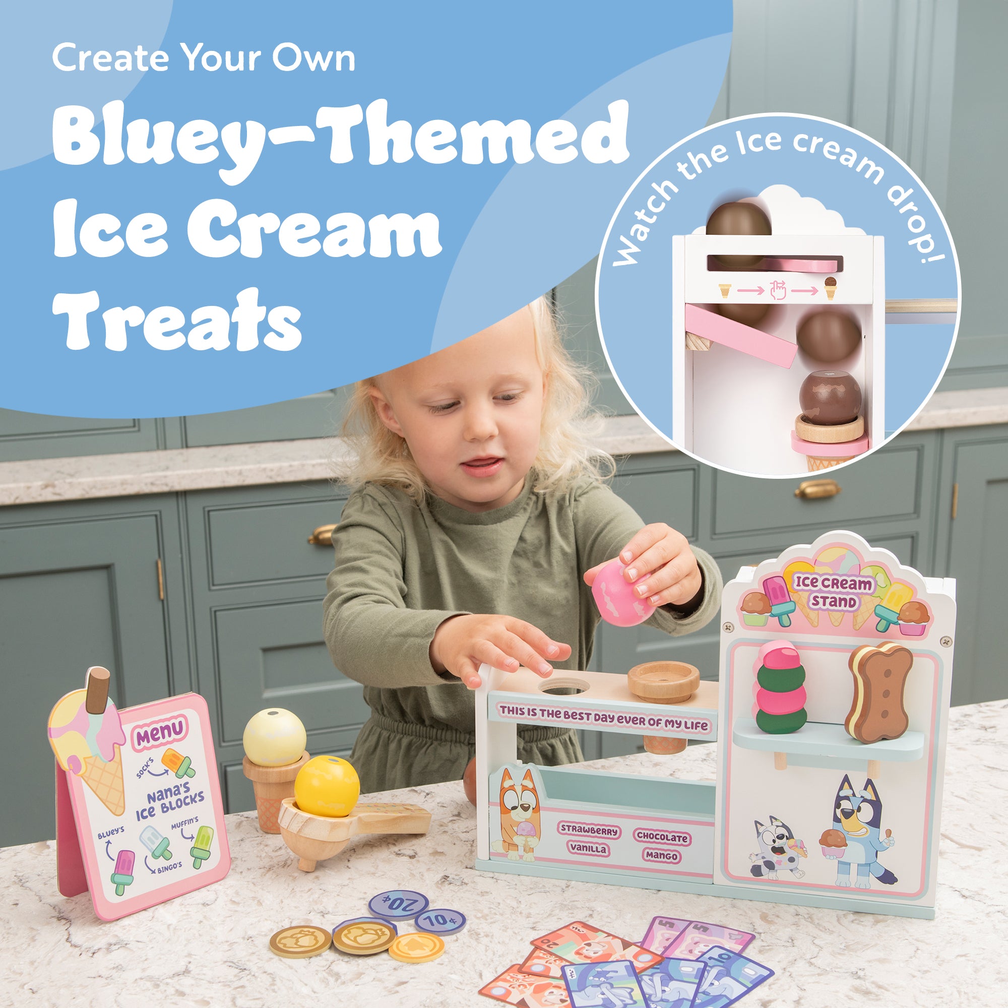 Bluey Ice Cream Playset – Kids' Toy Ice Cream Shop with Cones, Tubs, Lollies, Sprinkles & Payment Accessories – Fun Pretend Play Set for Toddlers & Children Toys for Boys & Girls