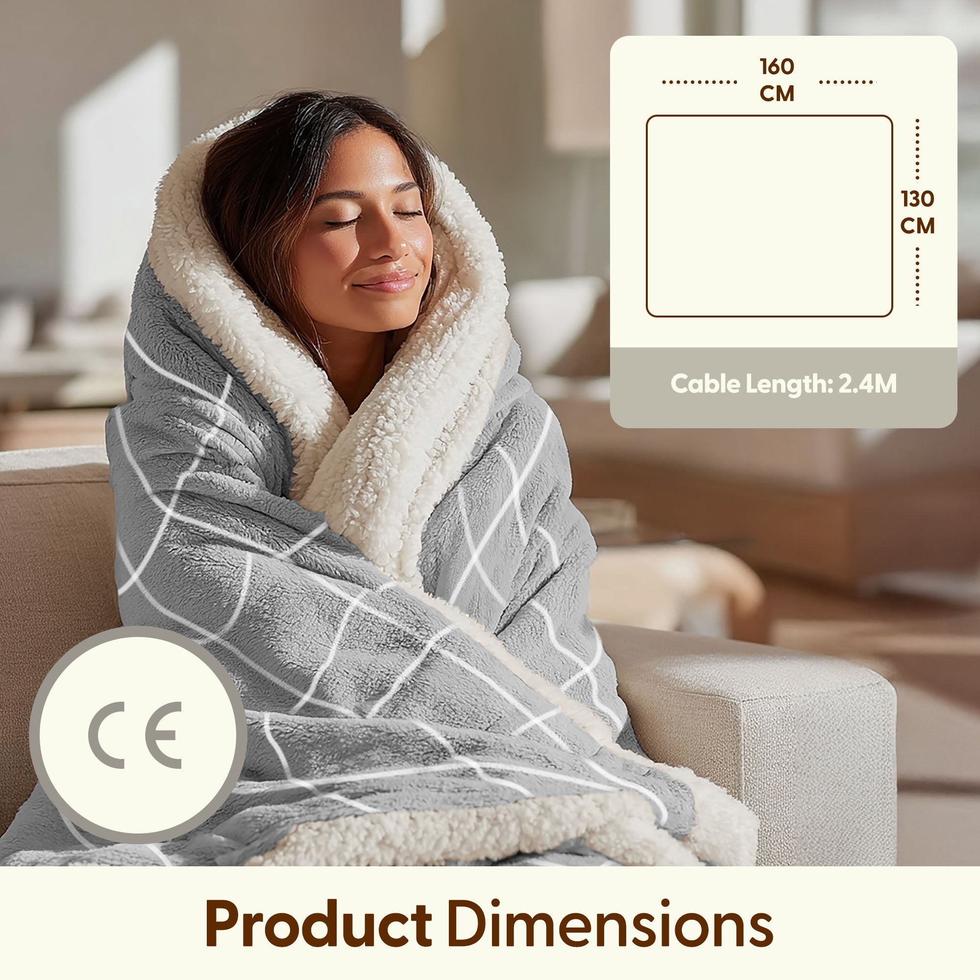 Electric Heated Throw Blanket - Machine Washable Fleece Wool Duvet, 9 Heat Settings & Timer