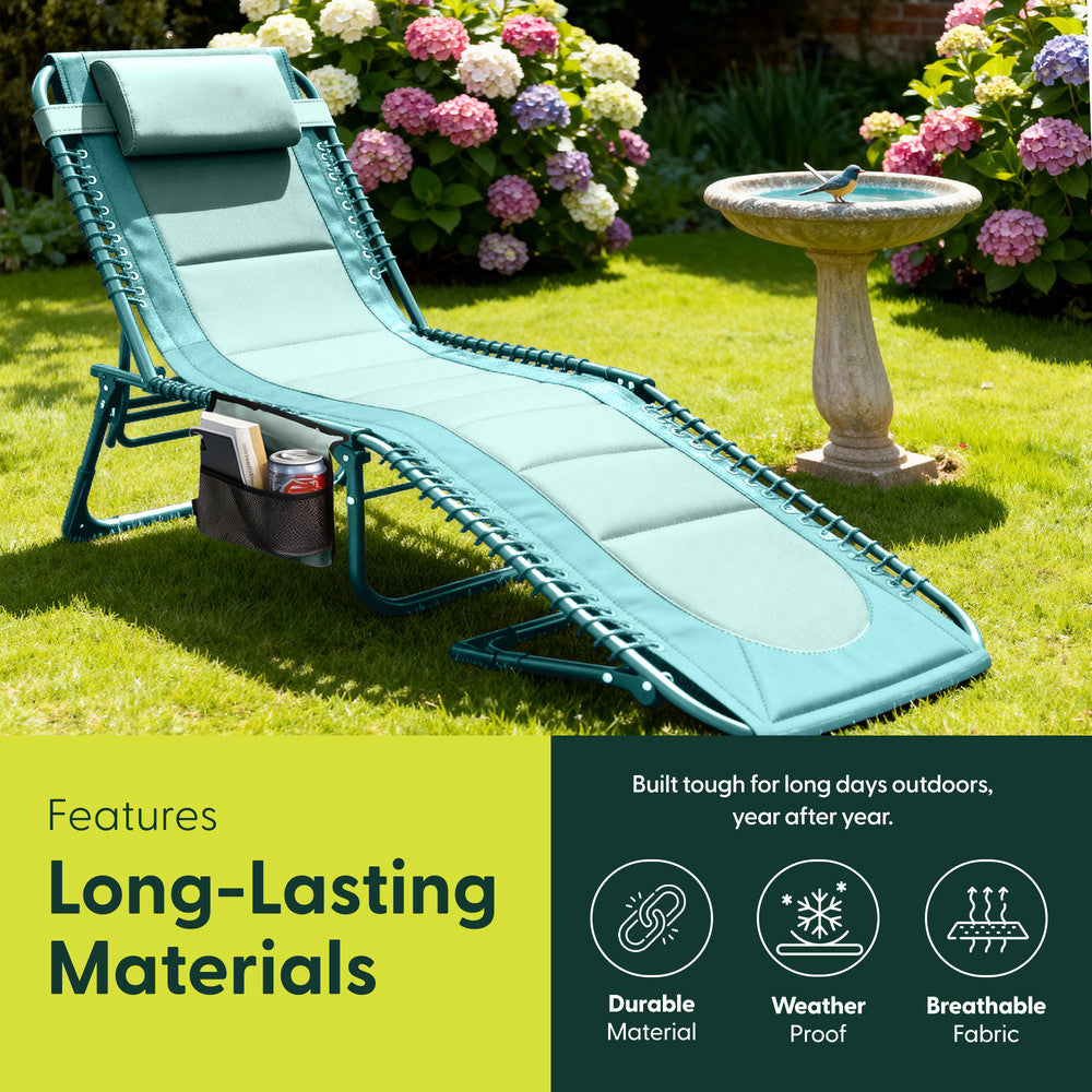 KEPLIN Foldable Sun Lounger Chair - Outdoor Garden Recliner with Color Block Design, 4 Position Adjustable Backrest, Padded 600D Oxford Fabric, Portable Patio Camping Deck Chair 110kg