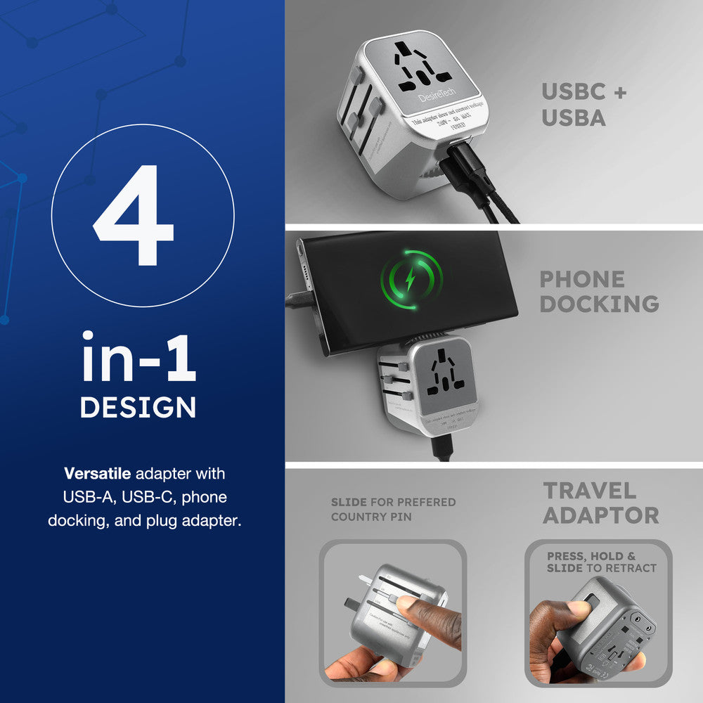 Desiretech Travel Adaptor 4-in-1 Universal Plug Adapter with USB-A, USB-C, Phone Docking - Compact UK to World Adaptor, Double Fuse Protection - Perfect for Europe, USA, Asia & Beyond