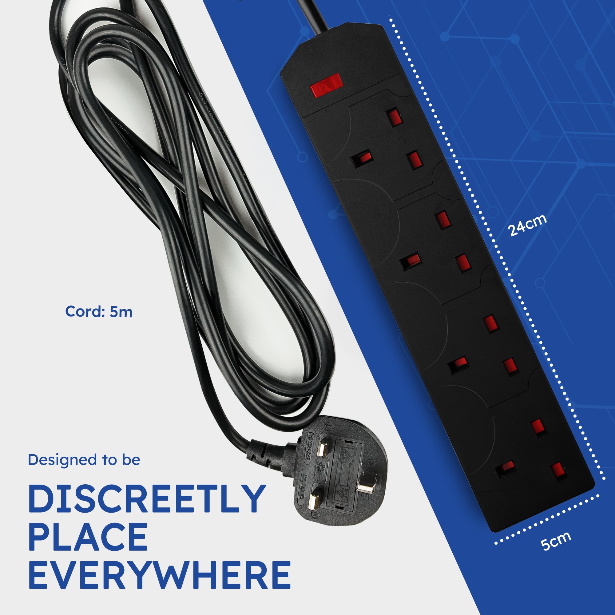 Desiretech Electric Extension Lead - 4 Gang, UK Plug & 3 Pin Socket - Wall Mountable & Multi Socket Mains Strip for Home, Bedroom, Kitchen, & Office (1 Pack)