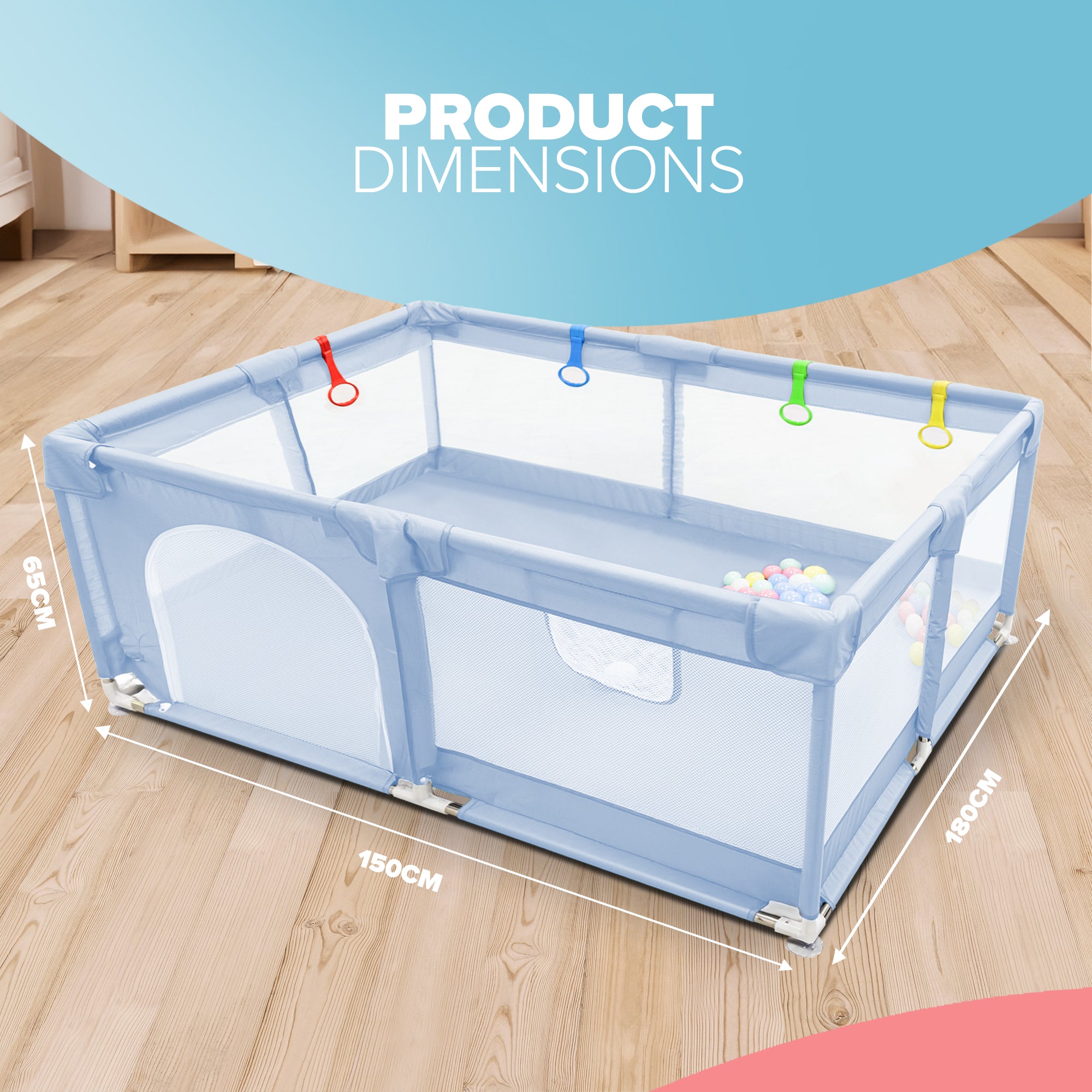 KIDOOLA Extra Large Baby Playpen with Padded Frame & Mesh Walls – Includes Balls & Pull Rings for Indoor & Outdoor Fun (150x180x65cm)