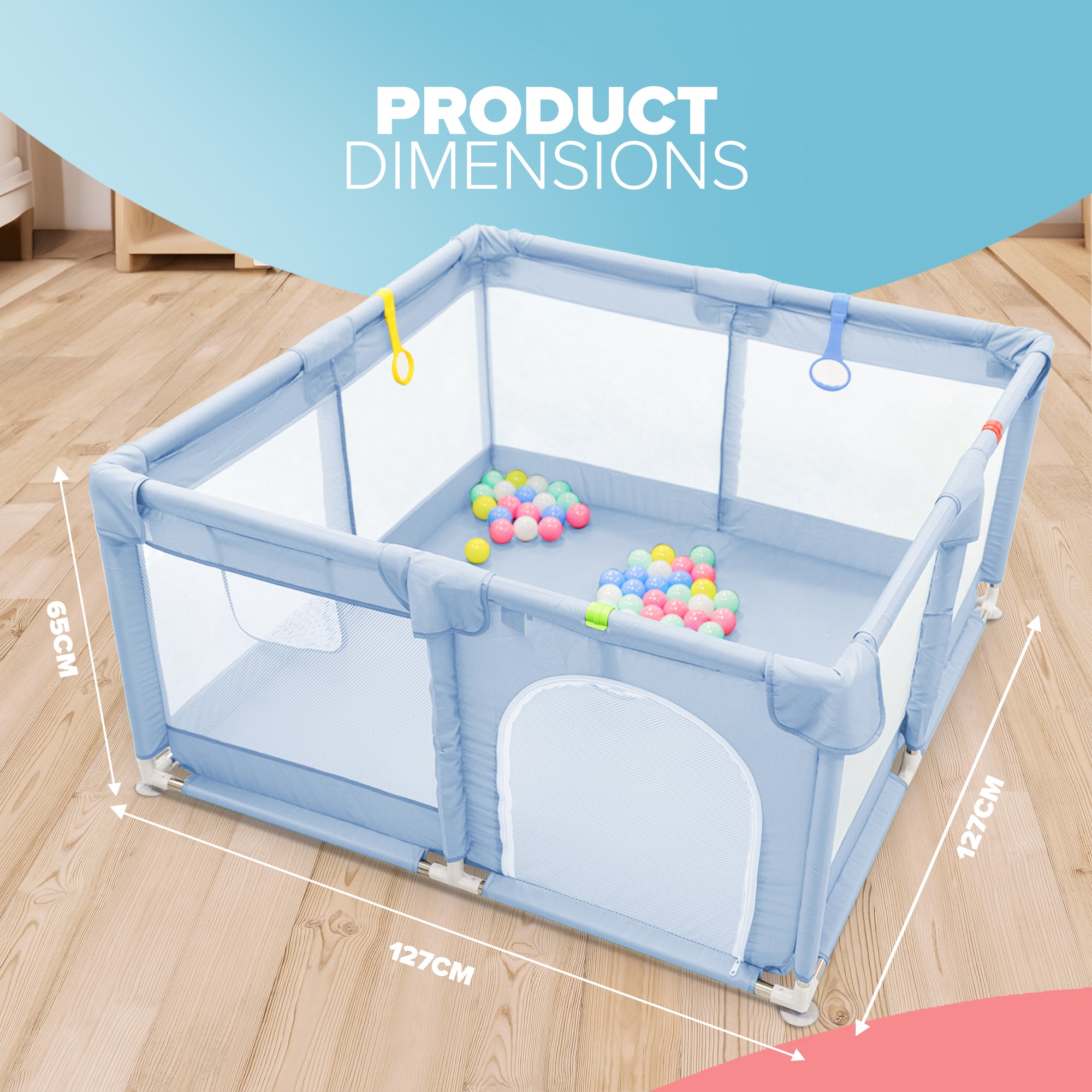 KIDOOLA Large Baby Playpen with Padded Frame & Mesh Walls – Includes Balls & Pull Rings for Indoor & Outdoor Fun (127 x 127 x 65 cm)