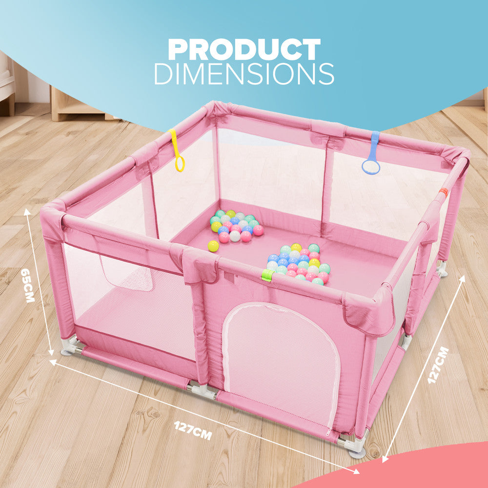 KIDOOLA Large Baby Playpen with Padded Frame & Mesh Walls – Includes Balls & Pull Rings for Indoor & Outdoor Fun (127 x 127 x 65 cm)