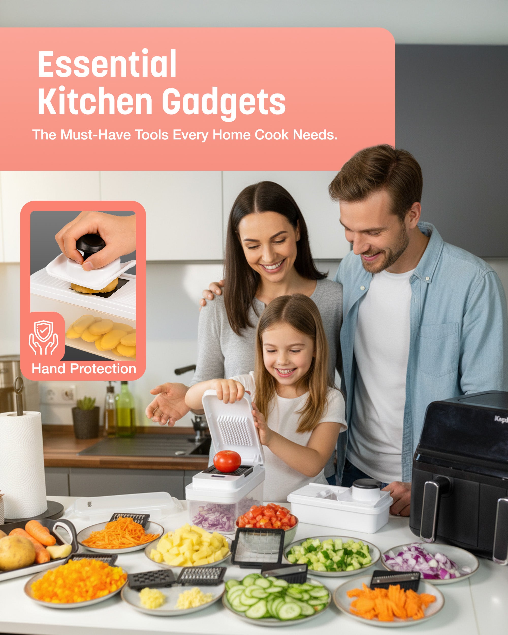 Keplin - 7-in-1 Vegetable Chopper with Container - Multi-Functional Slicer, Dicer & Grater - BPA Free, Dishwasher Safe, Non-Slip Base, Food-Grade ABS & Stainless Steel Blades