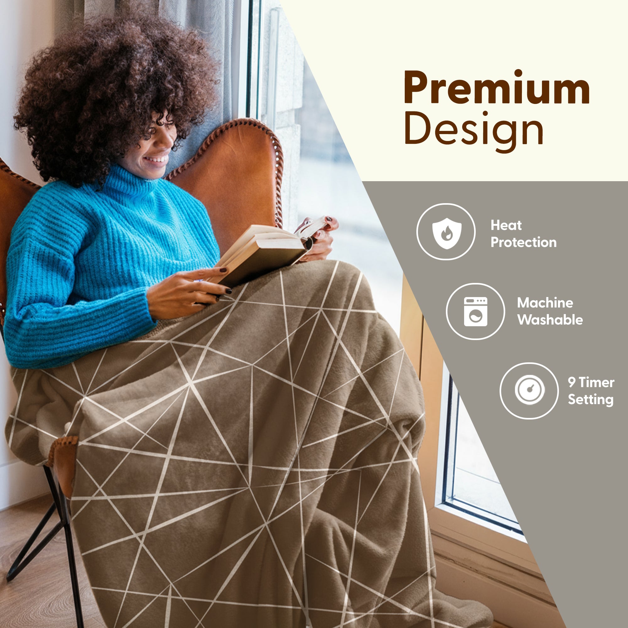 Electric Heated Throw Blanket - Machine Washable Fleece Wool Duvet, 9 Heat Settings & Timer