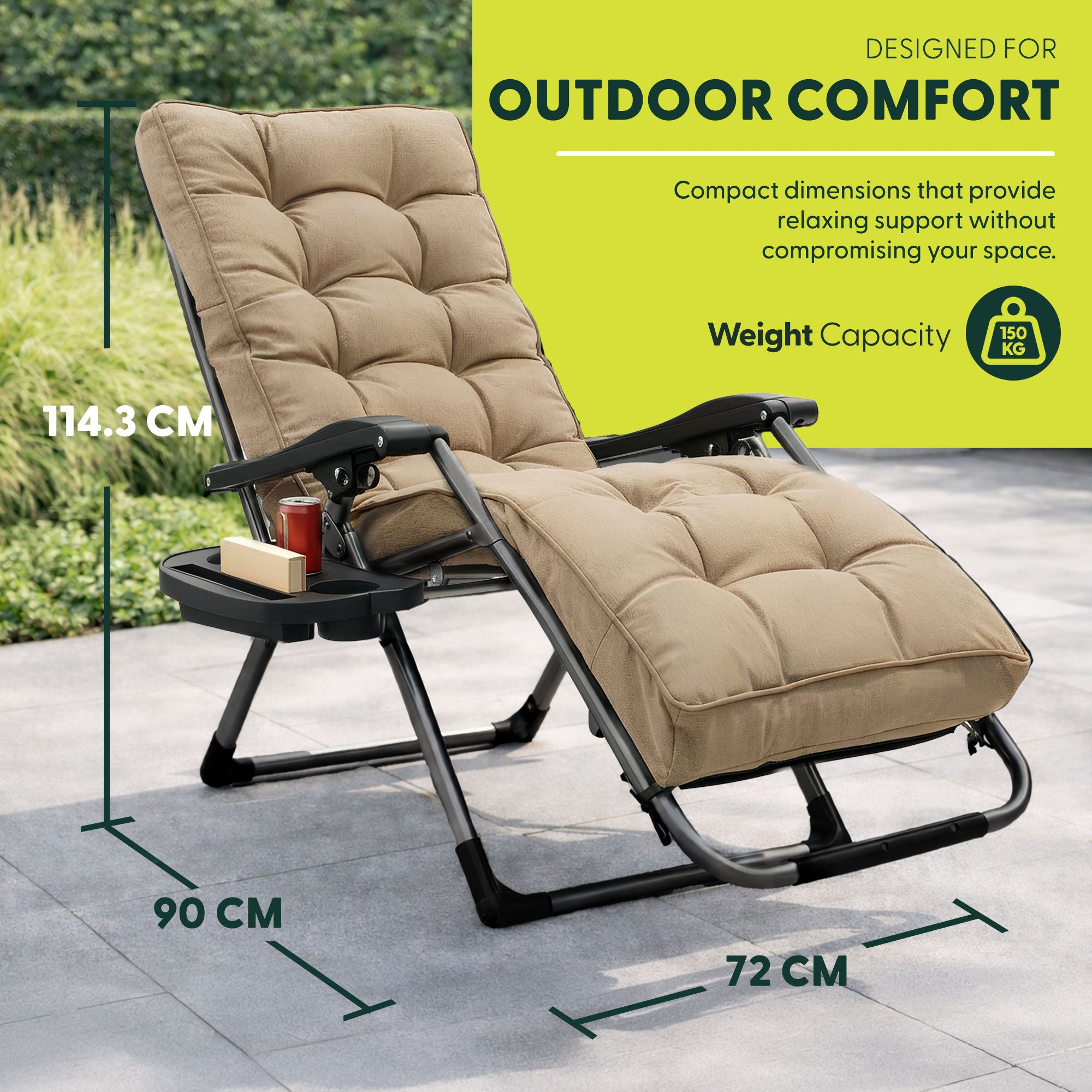 KEPLIN Square Tube Gravity Chair with Cushion – Extra-Wide 72cm Recliner, Adjustable Zero Gravity Lounger, Reinforced Frame, Supports 150kg, Premium Comfort for Indoor & Outdoor Relaxation