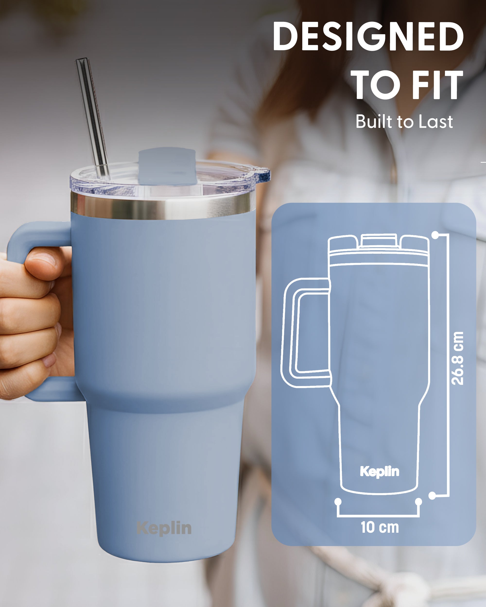 Keplin Tumbler 40 oz with Handle, Stainless Steel Vacuum Insulated Water Bottle with Straw and Lid, Cold for 29 Hours, Travel Mug, Thermal Flask, BPA Free