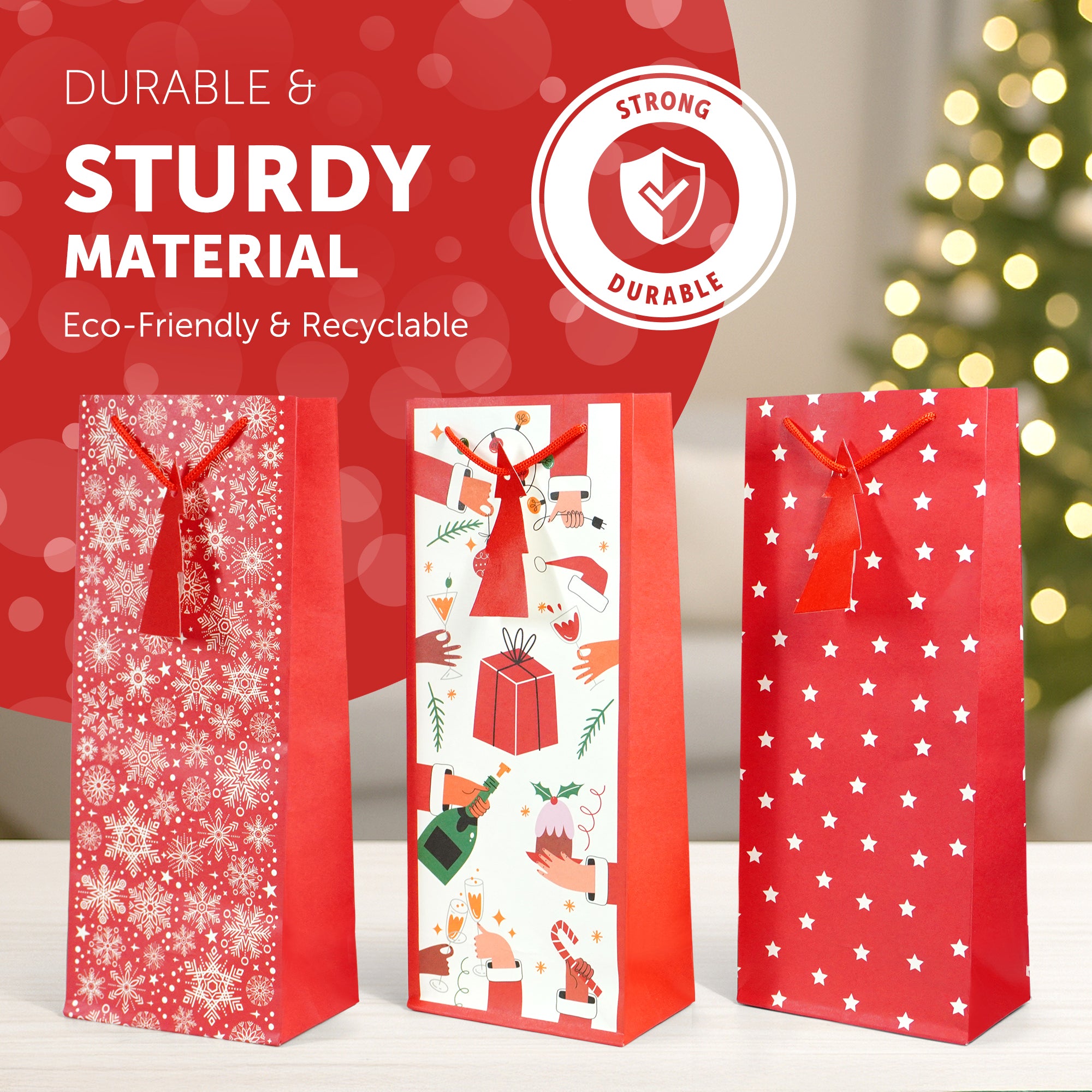 Kraft & Co - Christmas Wine Bottle Bag, 3 Festive Designs- Joy, Festive, Sparkle, Pack of 3
