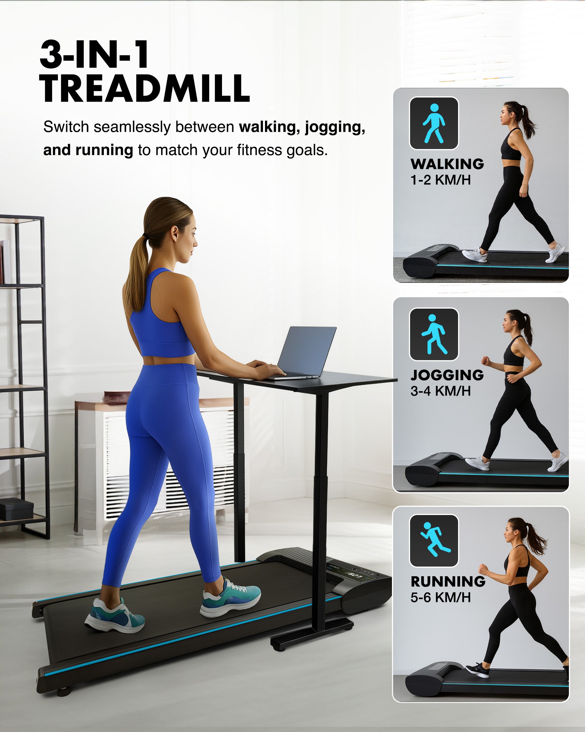 Kayman 3-in-1 Walking Pad Treadmill – Under Desk Electric Treadmill, Space-Saving, 120kg Capacity, 1–6km/h, Running, Walking & Working Modes, 2-Level Manual Incline, LED Display, Remote,900×400mm Belt