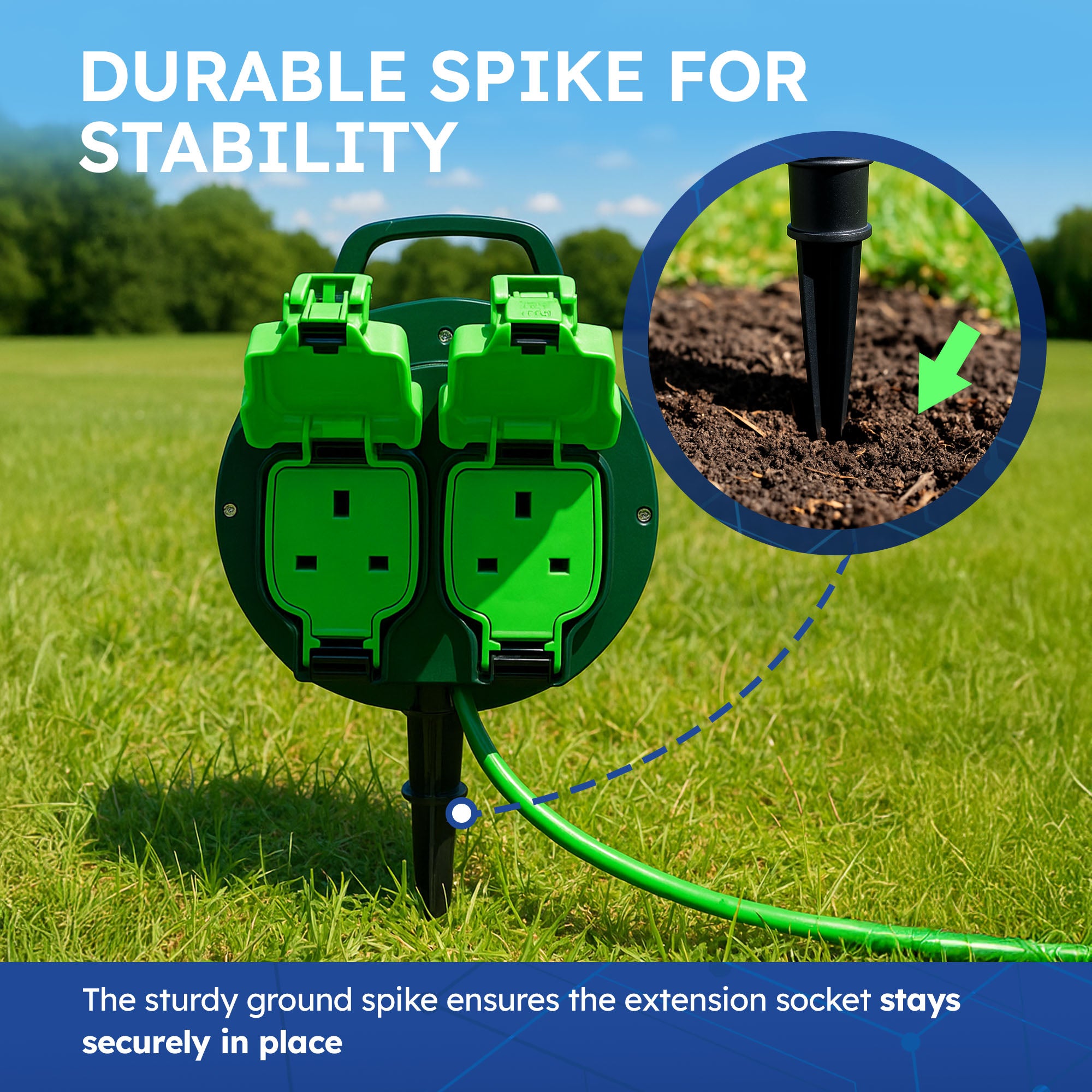 Desiretech - 10m / 15m Weatherproof Extension Cable - with Sockets - 13 Amp Outdoor Lead - Waterproof IP54 - Durable Green Cable for Garden, Outdoor Equipment & Power Tools - Flexible & Heavy Duty Design