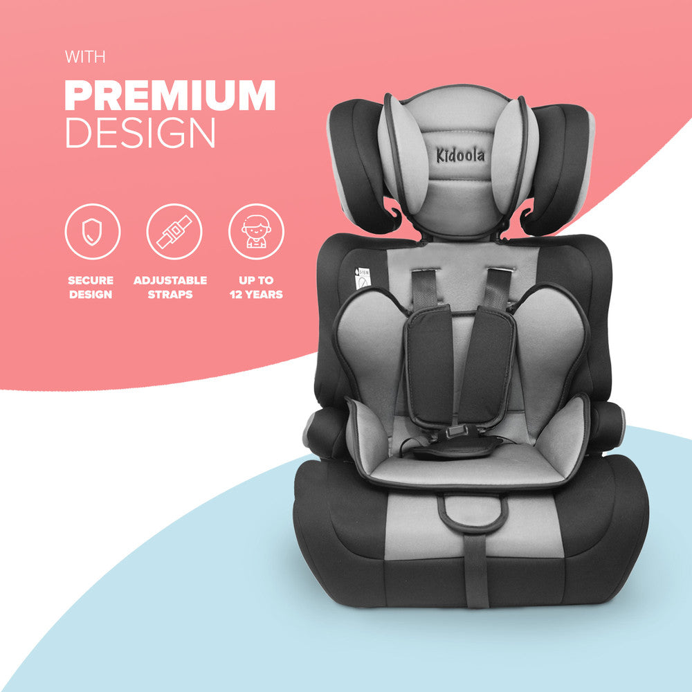 Kidoola Adjustable Car Seat for Toddlers & Children – Safety Certified Booster Seat, Comfortable Padding, 3 Age Functions, ECE R44/04 Certified, Up to 12 Years