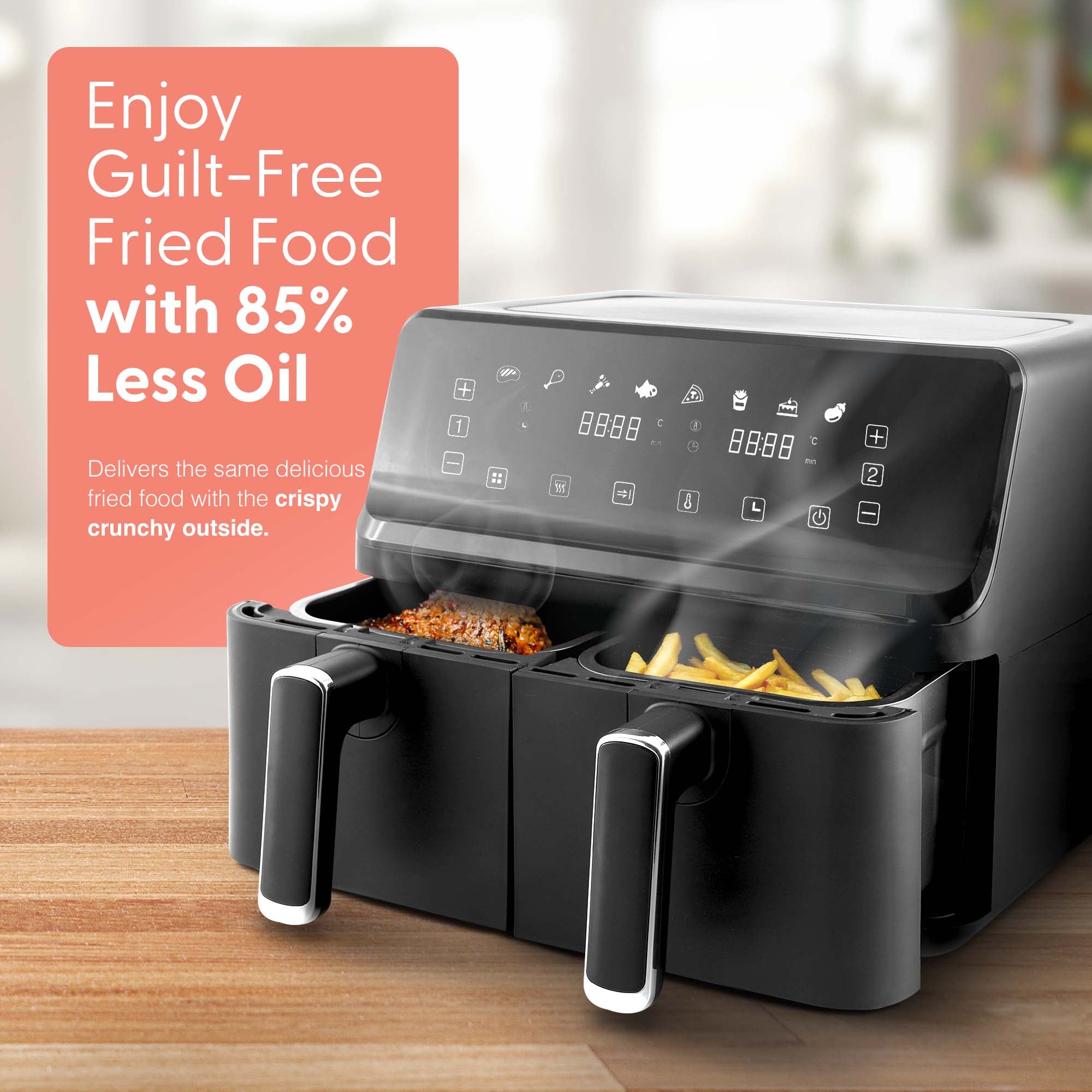 Keplin 9L Dual Zone Air Fryer - 2700W Energy-Saving Cooker with 6 Cooking Functions - Extra-Large Capacity for Healthy Meals - Roast, Bake, Dehydrate, Crisp - Family Size (9L)