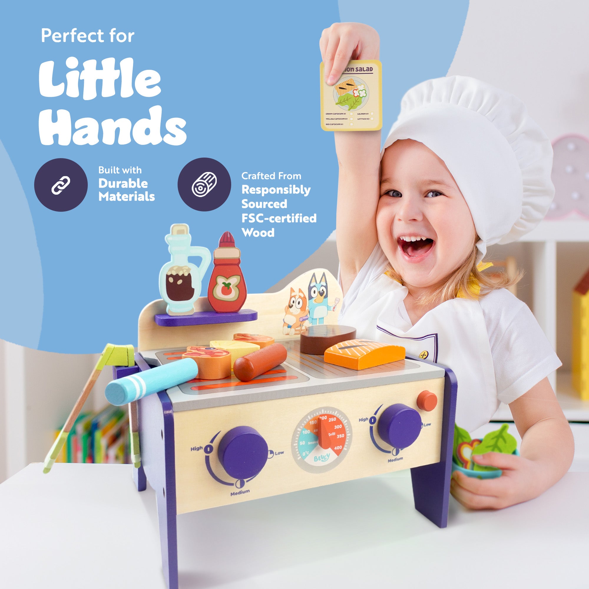 Bluey Wooden BBQ & Salad Playset - 33 Piece Colourful Pretend Cooking Toy for Kids 3+, FSC-Certified