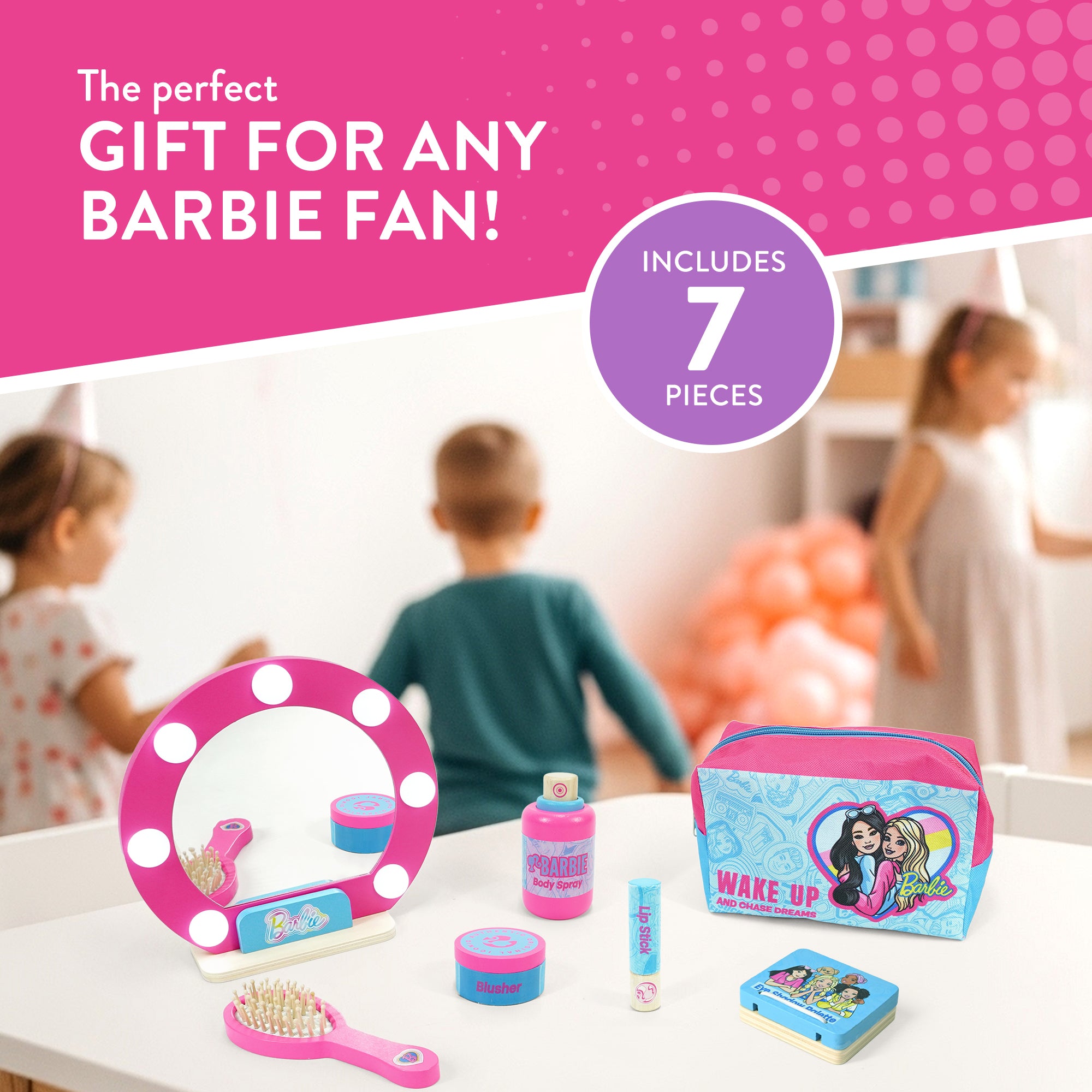 Barbie TT Beauty Set, Wooden Toy Makeup Set with Mirror & Carry Case – Pretend Play Beauty Set for Kids – Includes Brush, Lipstick, Blusher, Eyeshadow, Body Spray & Accessories – Pink Vanity Play Set