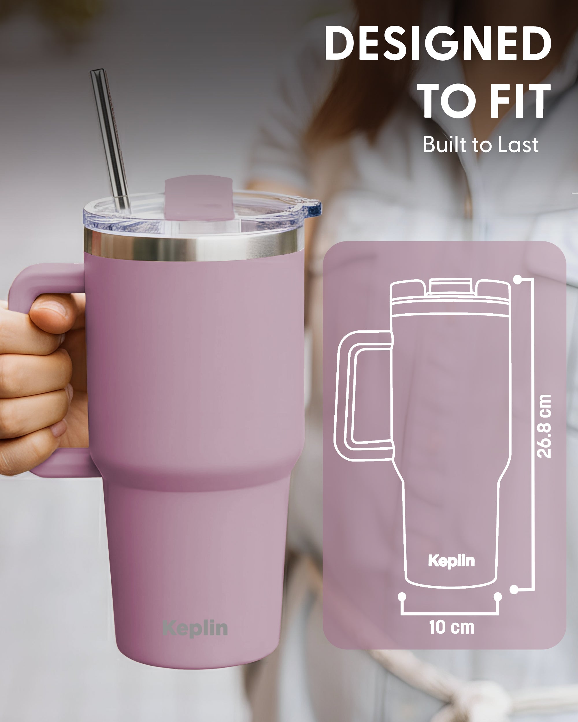 Keplin Tumbler 40 oz with Handle, Stainless Steel Vacuum Insulated Water Bottle with Straw and Lid, Cold for 29 Hours, Travel Mug, Thermal Flask, BPA Free