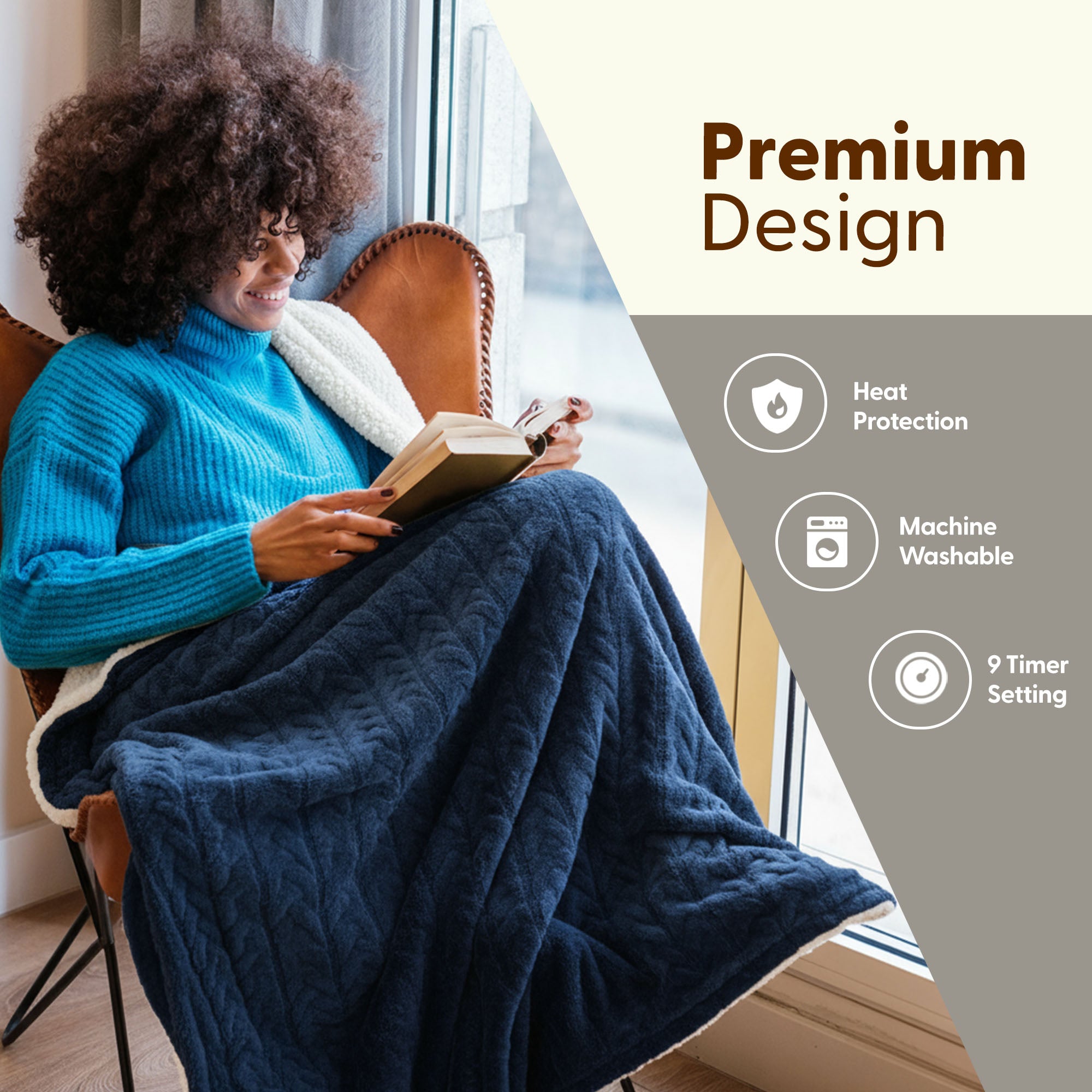 Electric Heated Throw Blanket - Machine Washable Fleece Wool Duvet, 9 Heat Settings & Timer
