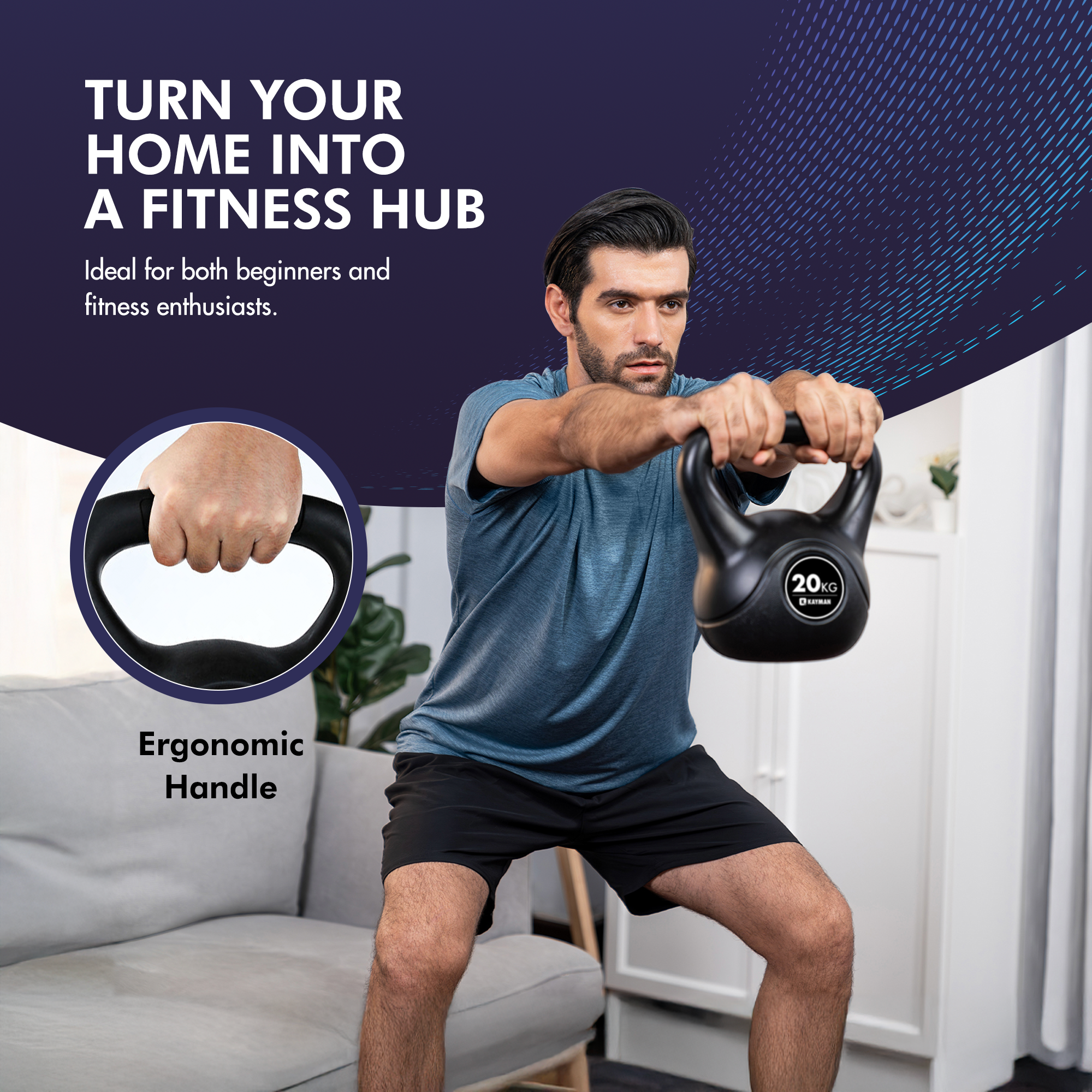 Kayman Kettlebell 4KG, 6KG, 8KG, 12KG, 16KG, 20KG - Ergonomic Handle & Flat Bottom for Stability - Home Gym Weight for Strength Training & Cardio - Versatile Range for Fitness Workouts