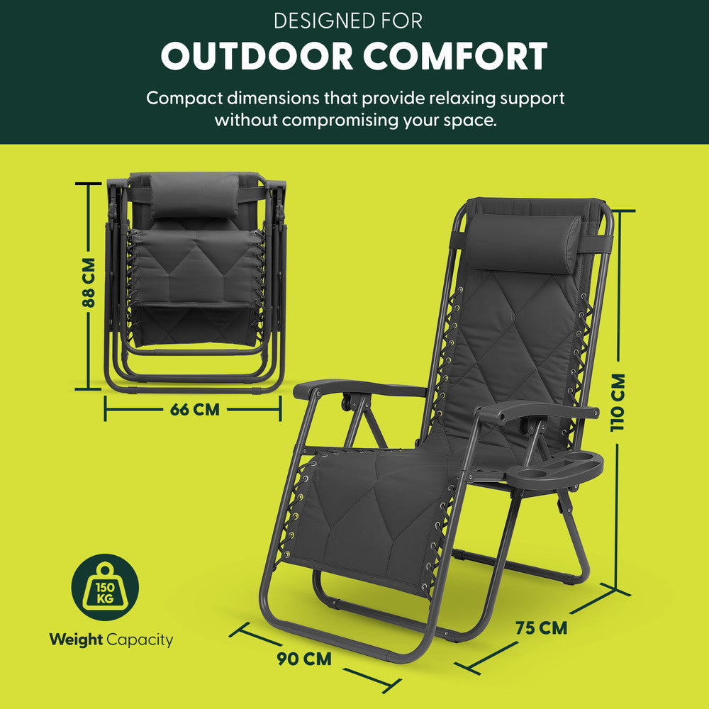KEPLIN Set of 2 XXL Premium Heavy Duty Quilted Zero Gravity Chairs - Luxurious Garden Recliners, Adjustable Headrest, Cup & Phone Holder, Foldable, Easy to Clean Patio Sun Loungers