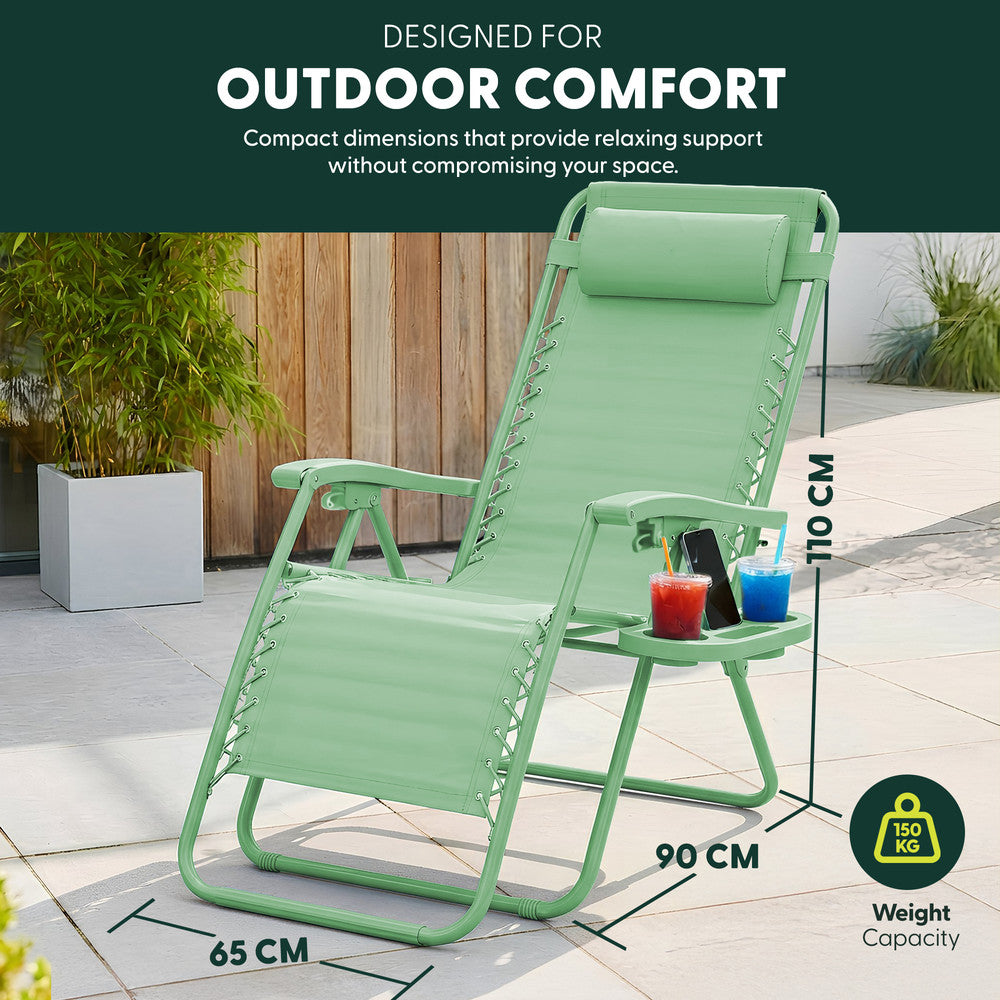 KEPLIN Set of 2 Heavy Duty Monocolour and Basic Textoline Zero Gravity Chairs for Garden Light Reclining Patio Sun loungers Easy to Clean Adjustable Head Rest Foldable with Cup & Phone Holder