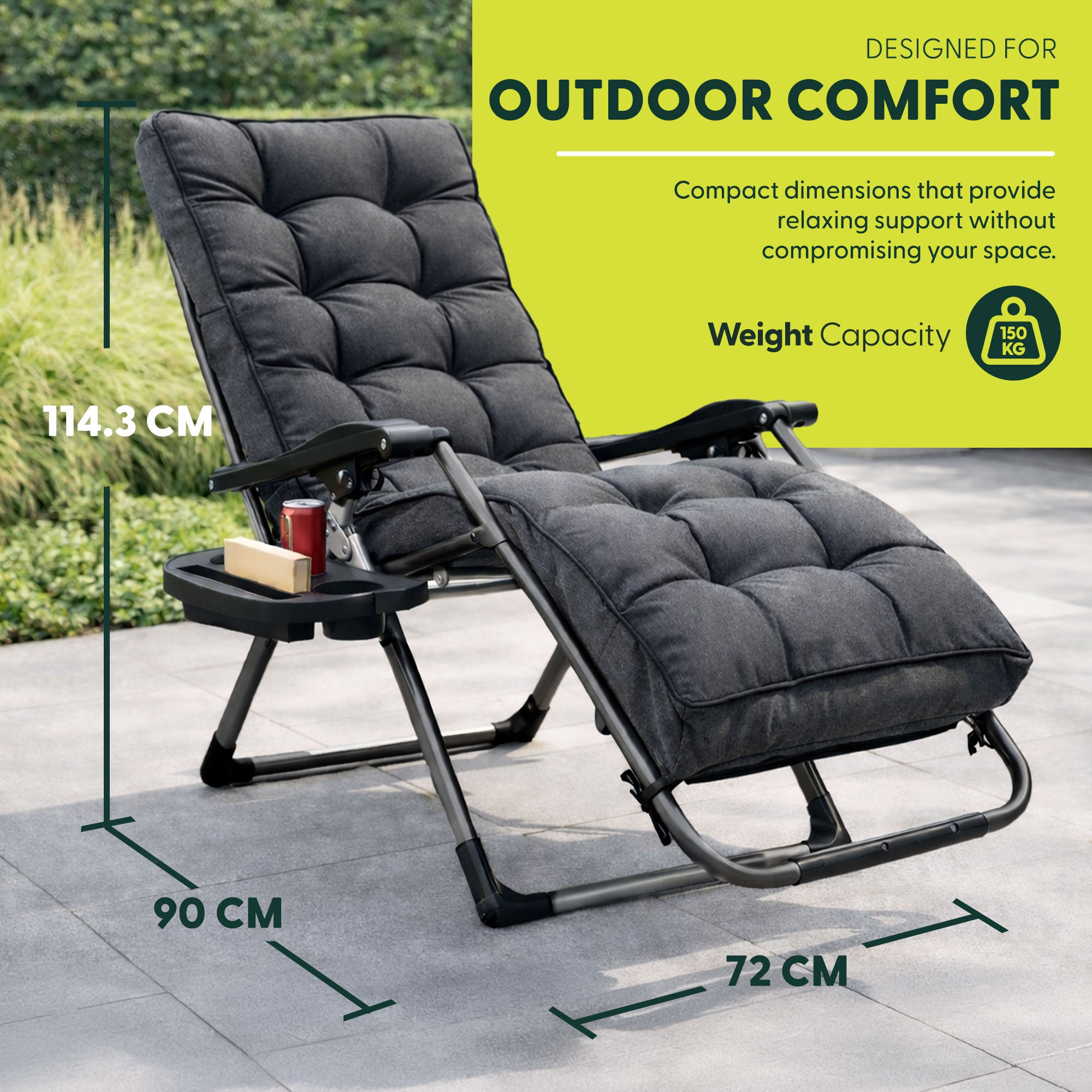 KEPLIN Square Tube Gravity Chair with Cushion – Extra-Wide 72cm Recliner, Adjustable Zero Gravity Lounger, Reinforced Frame, Supports 150kg, Premium Comfort for Indoor & Outdoor Relaxation