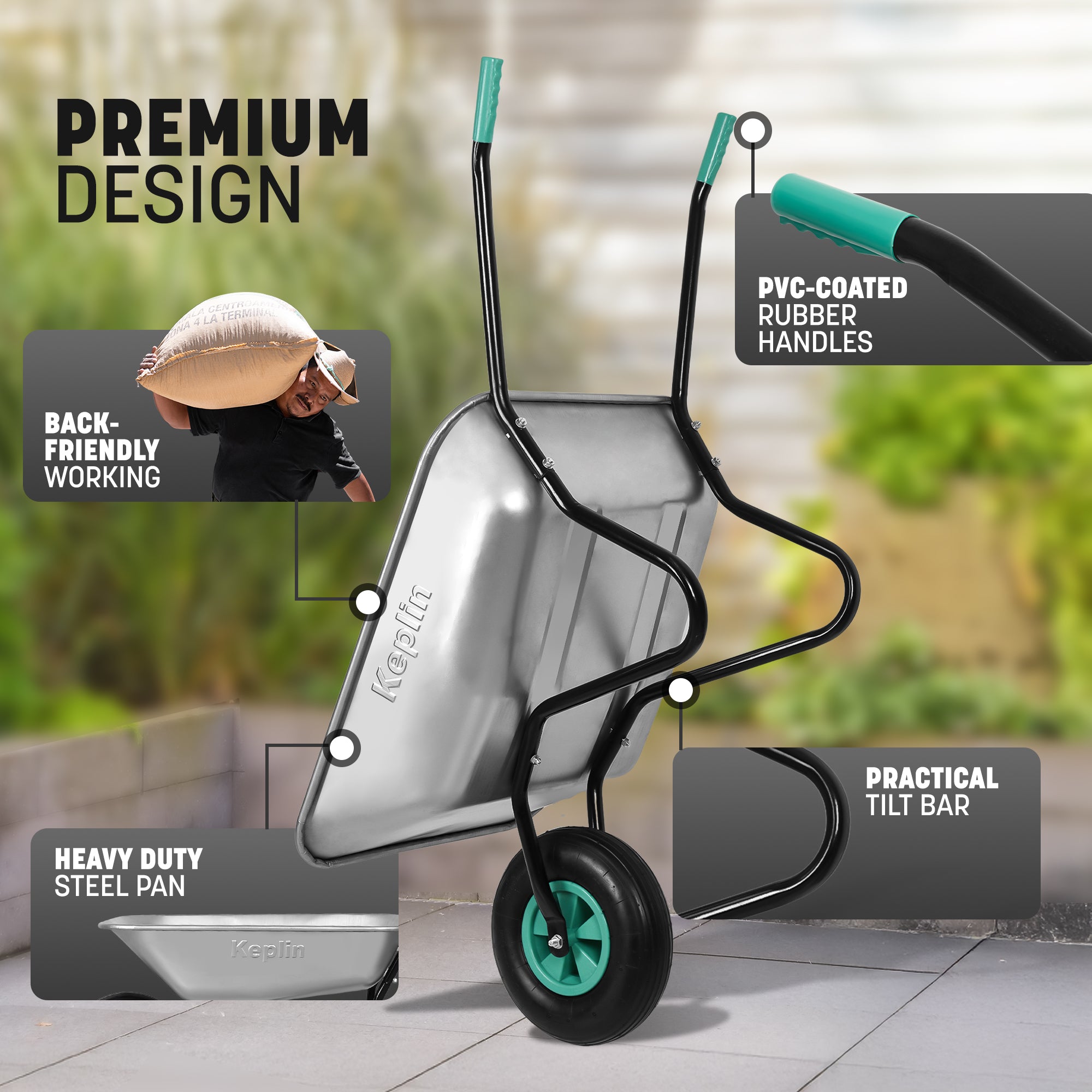 Keplin Heavy Duty Wheelbarrow - 200kg Load, Galvanized Steel Garden Large Wheel Barrow, 1 Pneumatic Tyre, Durable & Easy to Use for Gardening, Landscaping, DIY, Outdoor Tasks & Rough Terrain