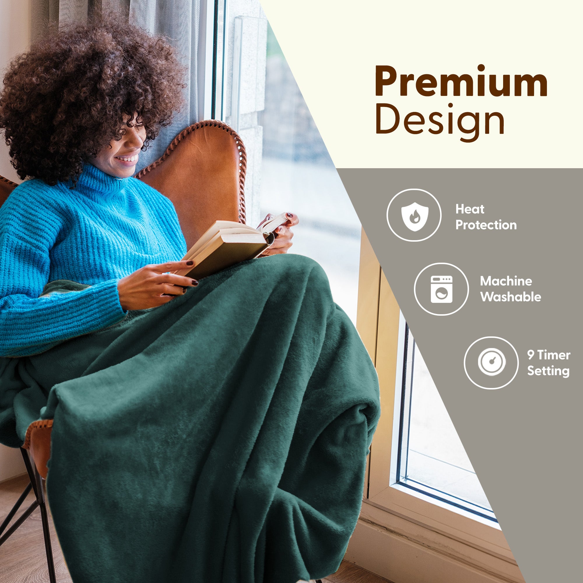 Electric Heated Throw Blanket - Machine Washable Fleece Wool Duvet, 9 Heat Settings & Timer