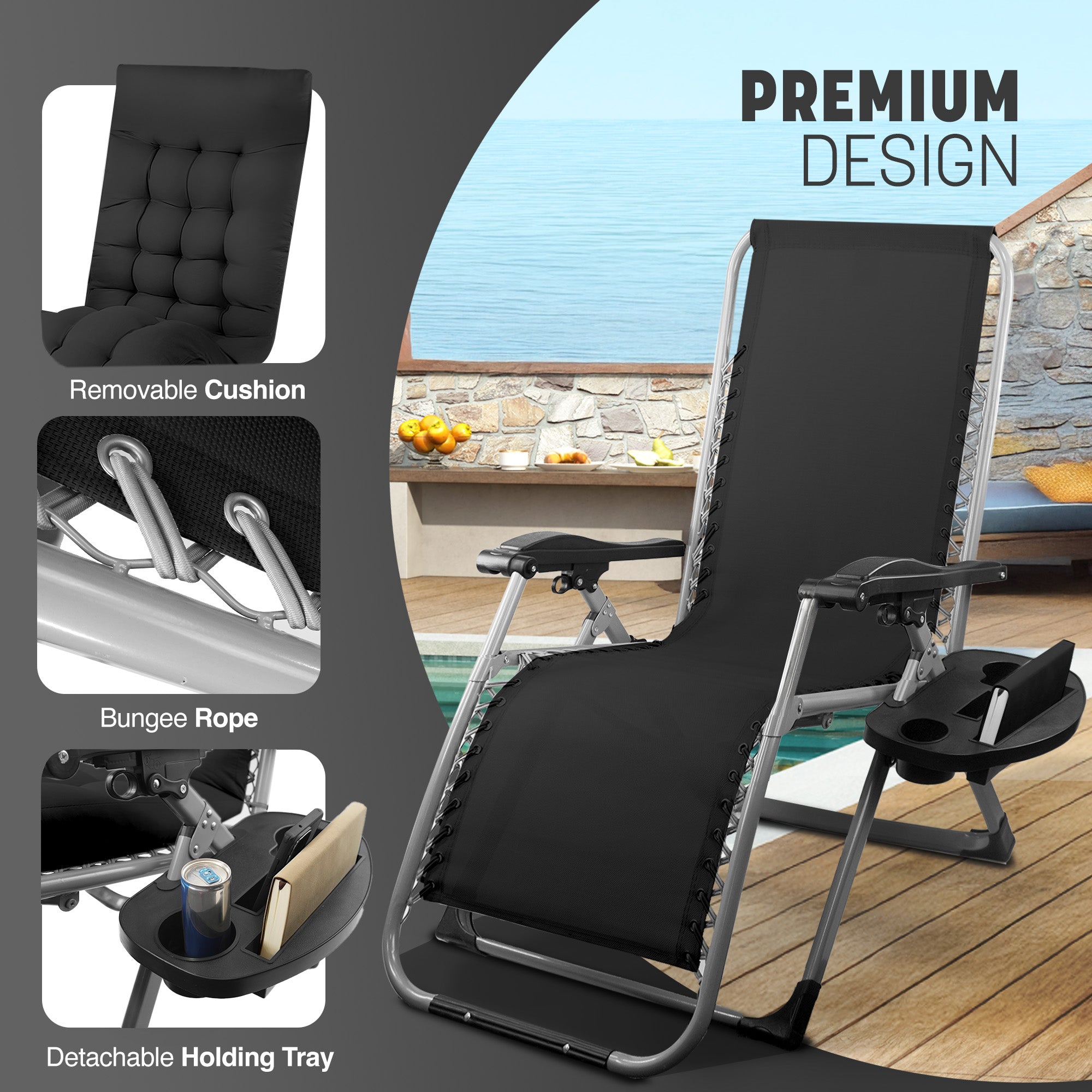 KEPLIN Square Tube Gravity Chair with Cushion – Extra-Wide 72cm Recliner, Adjustable Zero Gravity Lounger, Reinforced Frame, Supports 150kg, Premium Comfort for Indoor & Outdoor Relaxation