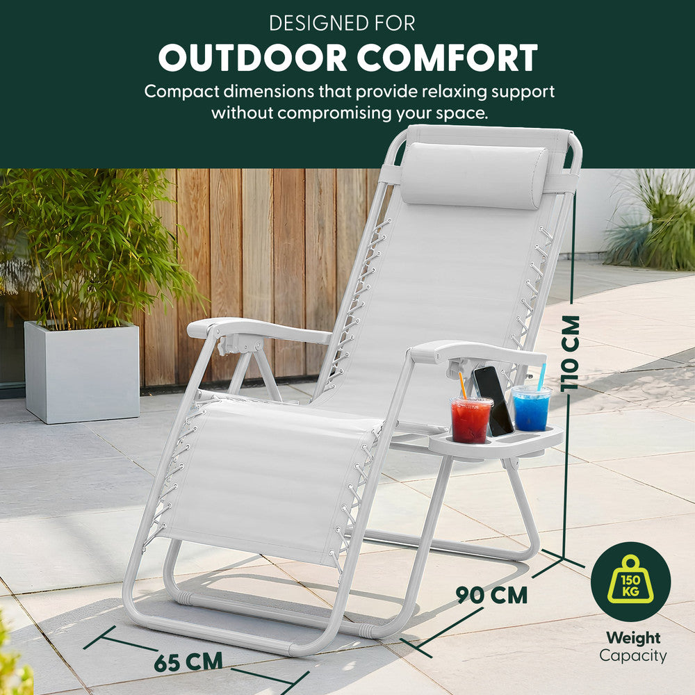 KEPLIN Set of 2 Heavy Duty Monocolour and Basic Textoline Zero Gravity Chairs for Garden Light Reclining Patio Sun loungers Easy to Clean Adjustable Head Rest Foldable with Cup & Phone Holder