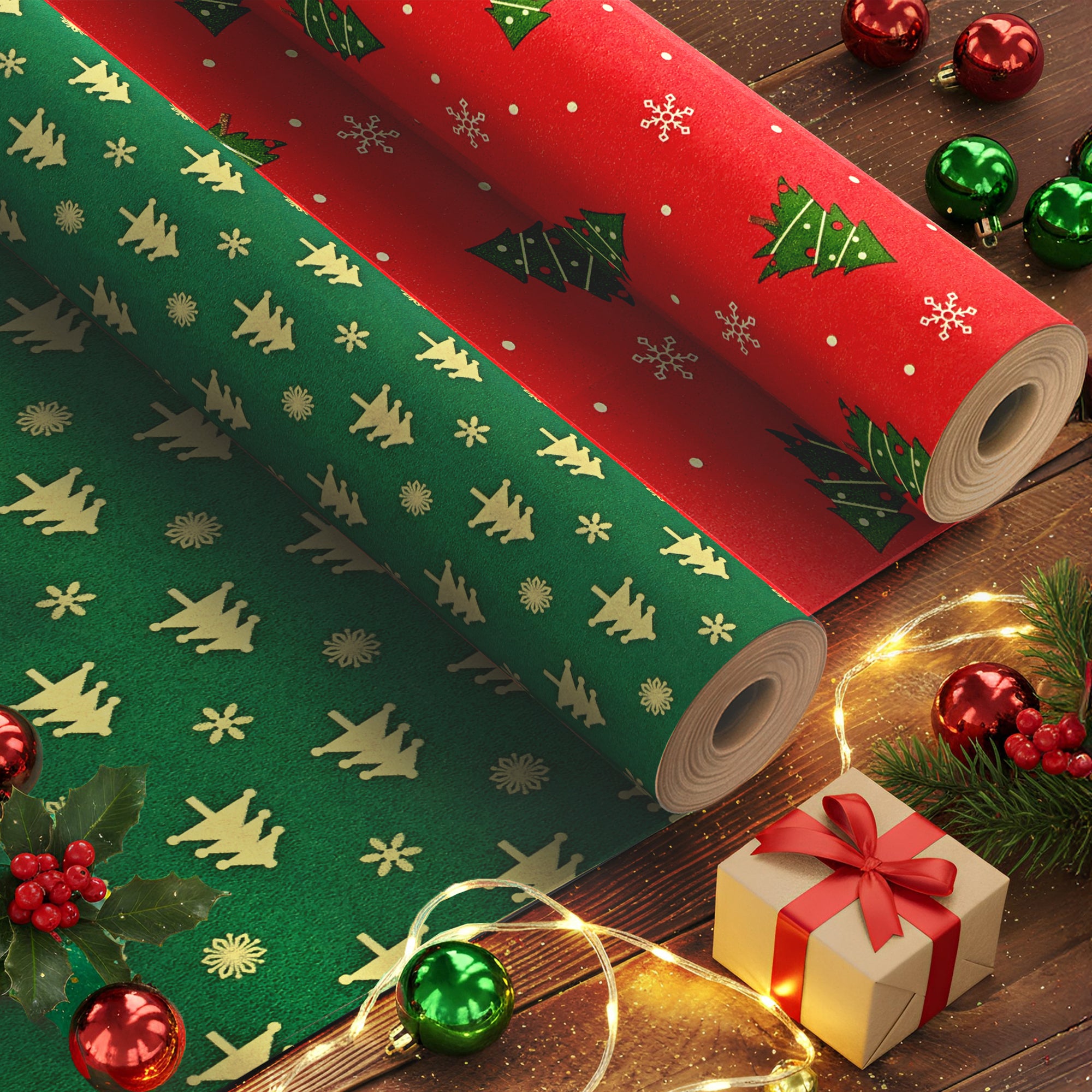 Kraft & Co 2 Pack Christmas Wrapping Paper Roll - Festive Designed Recyclable Kraft Paper, Perfect for Holiday Gifts, Arts & Crafts-Wrapping for a Merry Christmas (44.5cm x 25m)