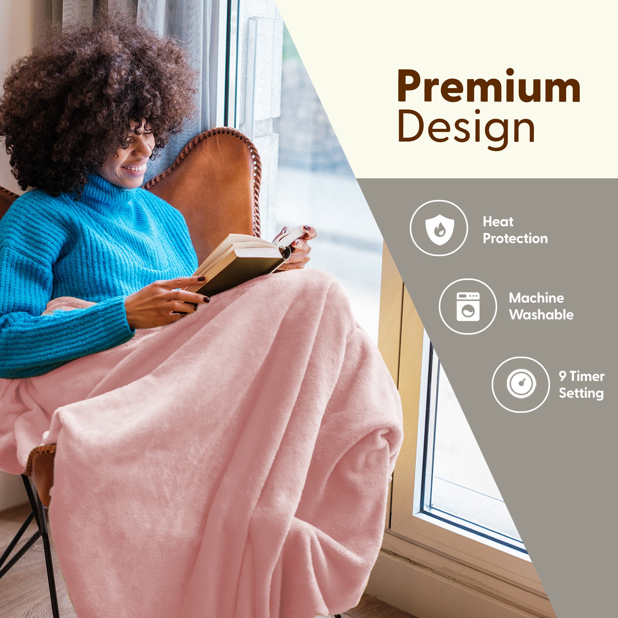 Electric Heated Throw Blanket - Machine Washable Fleece Wool Duvet, 9 Heat Settings & Timer