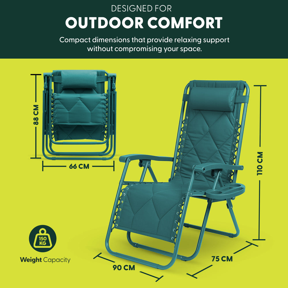 KEPLIN Set of 2 XXL Premium Heavy Duty Quilted Zero Gravity Chairs - Luxurious Garden Recliners, Adjustable Headrest, Cup & Phone Holder, Foldable, Easy to Clean Patio Sun Loungers