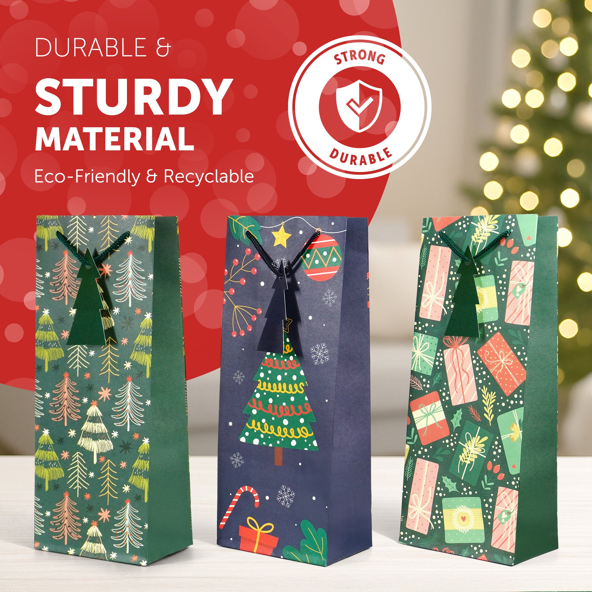Kraft & Co - Christmas Wine Bottle Bag, 3 Festive Designs- Joy, Festive, Sparkle, Pack of 3