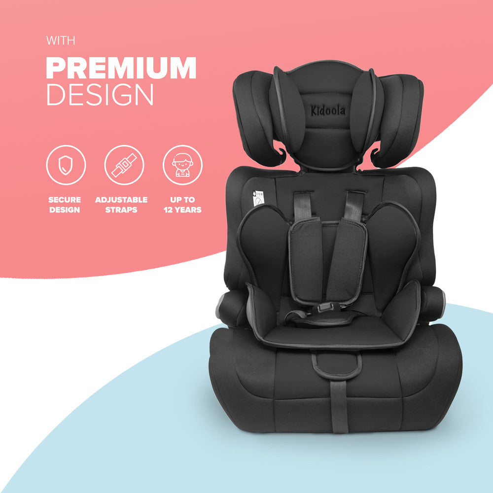 Kidoola Adjustable Car Seat for Toddlers & Children – Safety Certified Booster Seat, Comfortable Padding, 3 Age Functions, ECE R44/04 Certified, Up to 12 Years