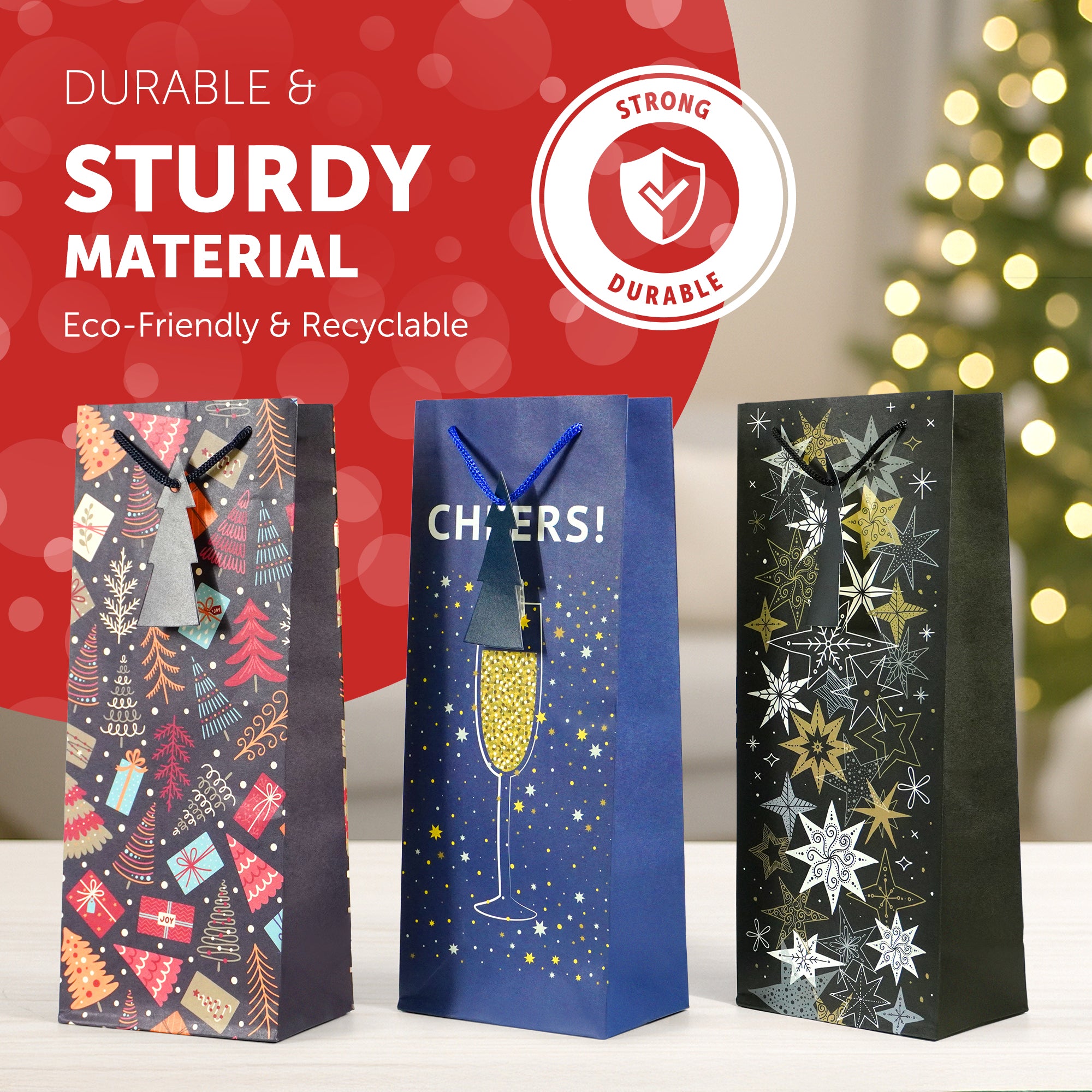 Kraft & Co - Christmas Wine Bottle Bag, 3 Festive Designs- Joy, Festive, Sparkle, Pack of 3