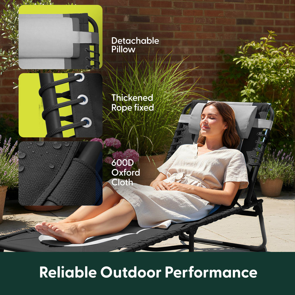 KEPLIN Foldable Sun Lounger Chair - Outdoor Garden Recliner with Color Block Design, 4 Position Adjustable Backrest, Padded 600D Oxford Fabric, Portable Patio Camping Deck Chair 110kg