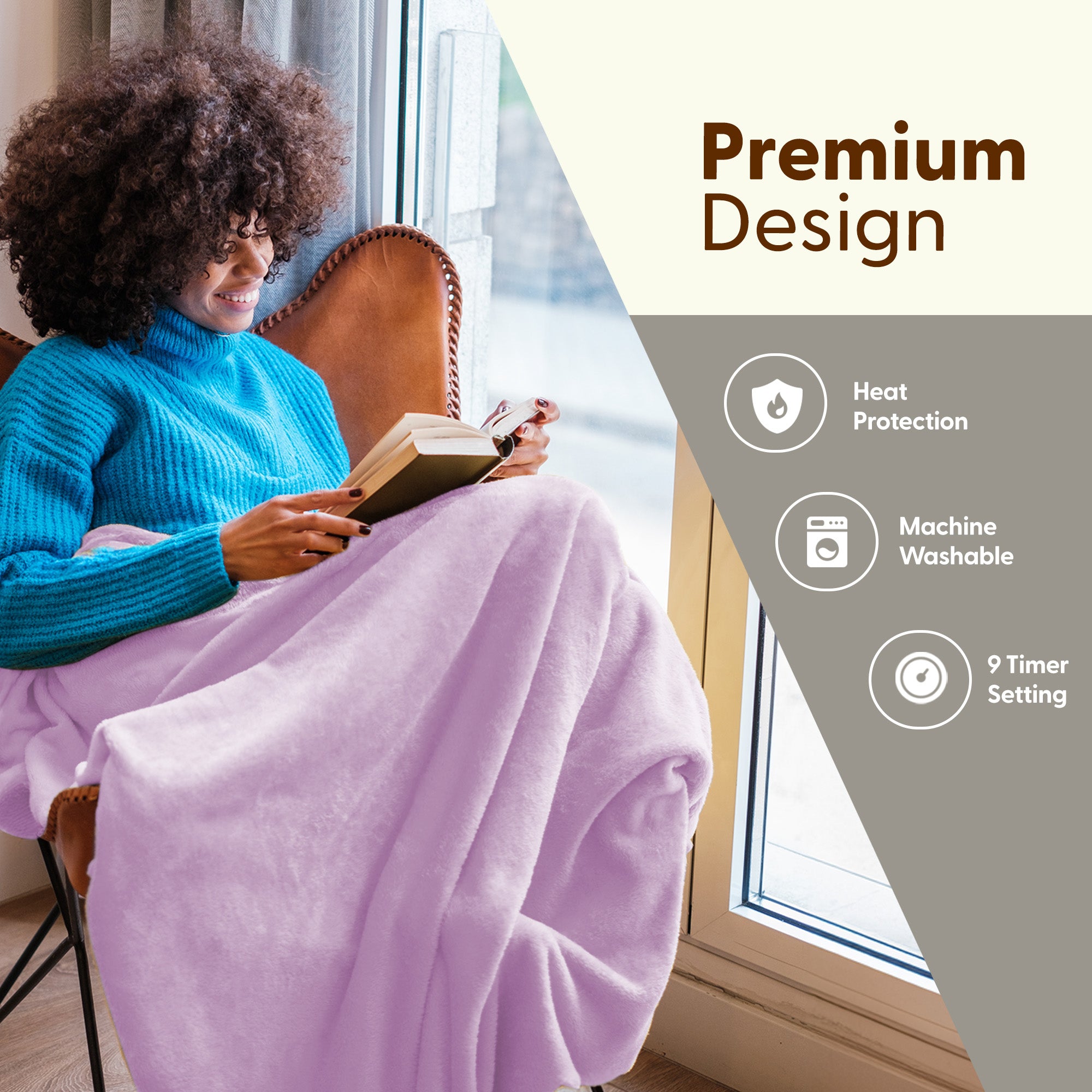 Electric Heated Throw Blanket - Machine Washable Fleece Wool Duvet, 9 Heat Settings & Timer