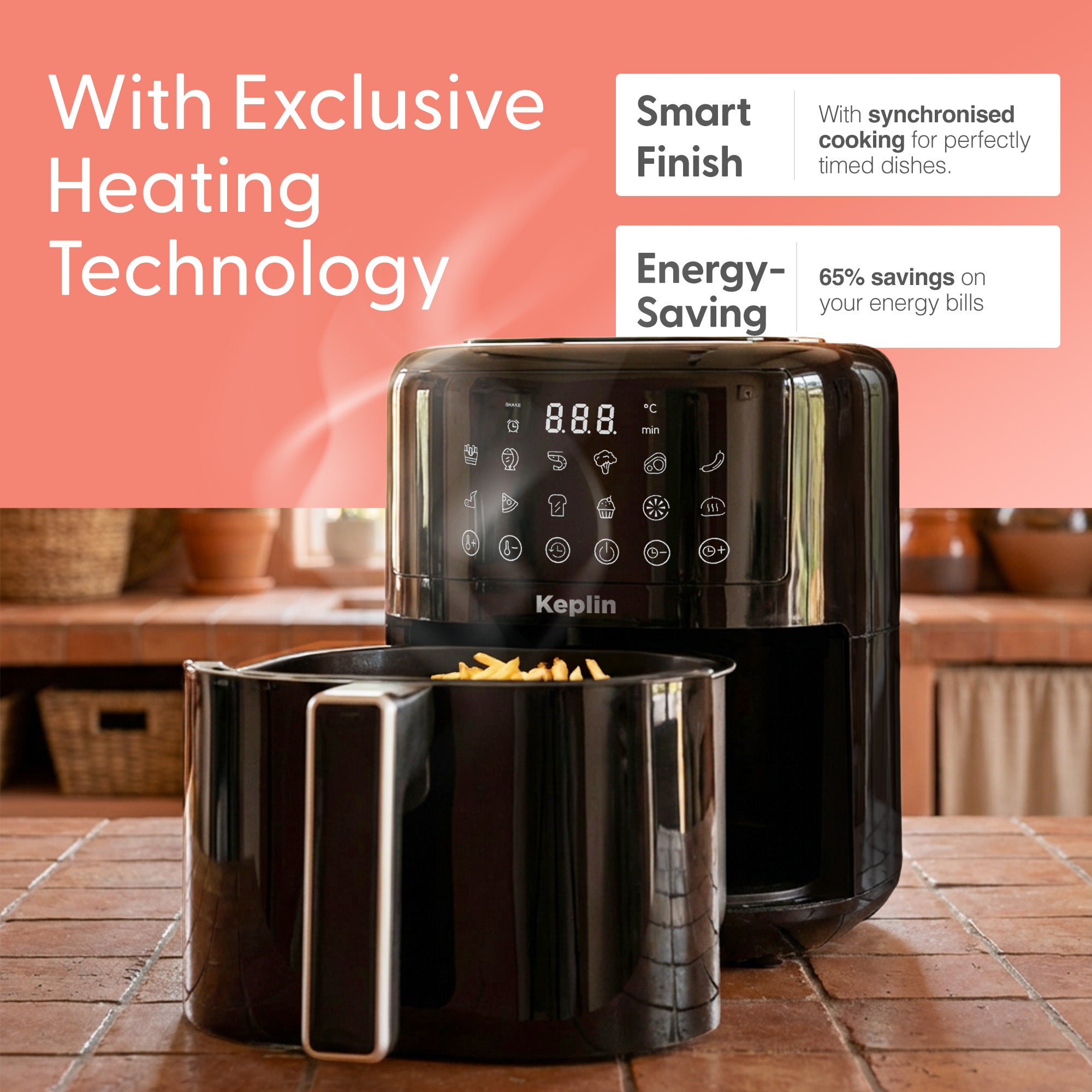 Keplin 4.5L Digital Air Fryer – 12 Smart Cooking Presets, Touchscreen Air Fryer for Healthy Low-Oil Cooking, Exclusive Heating Tech, Energy Saving, Easy-Clean Non-Stick Basket - 2 Year Warranty