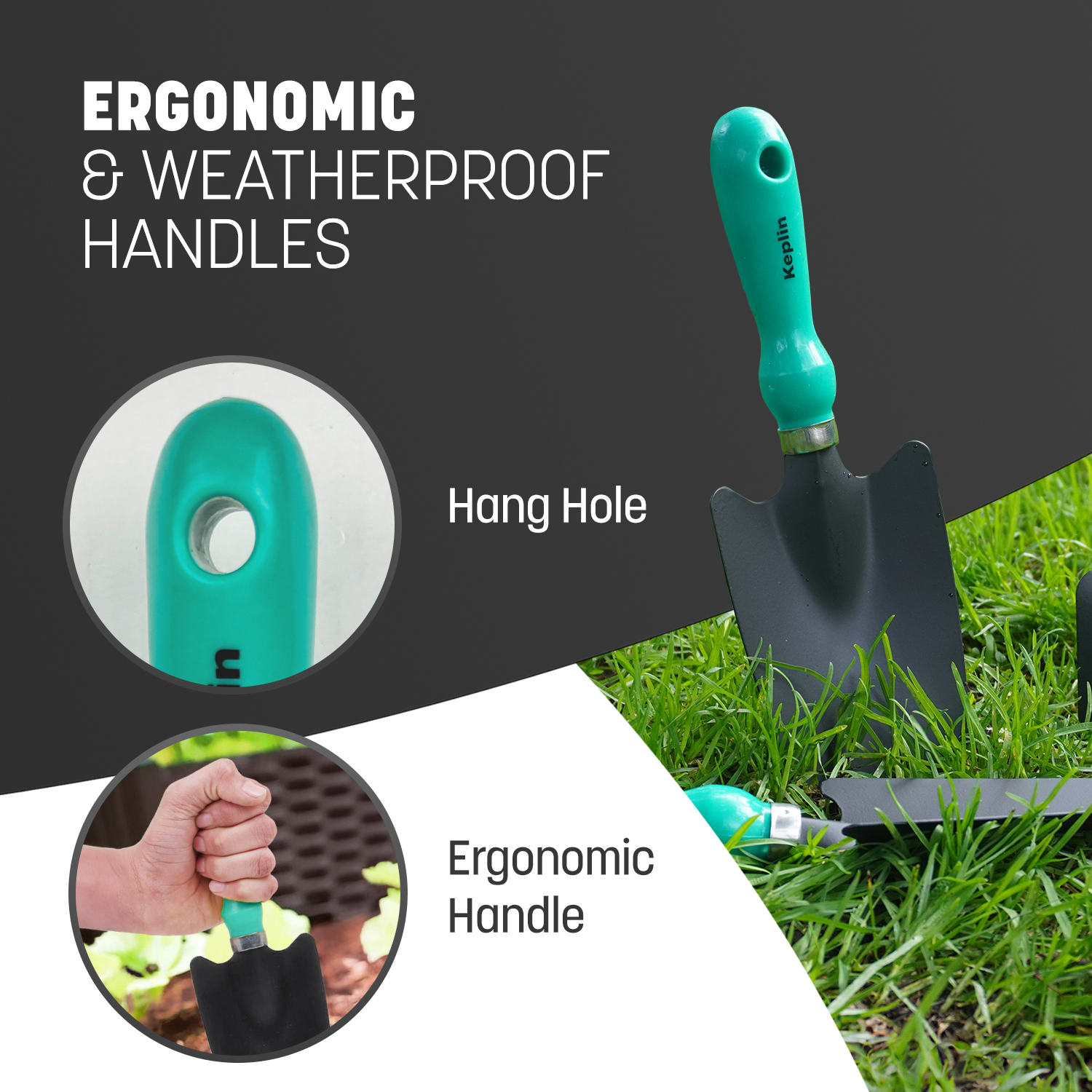 Keplin - 3pc Garden Tool Set - Carbon Steel Blades & PP Handles - Includes Trowel, Transplanting Trowel & Fork - Durable & Weatherproof - 11.5cm Handles - Essential for Digging, Planting & Weeding