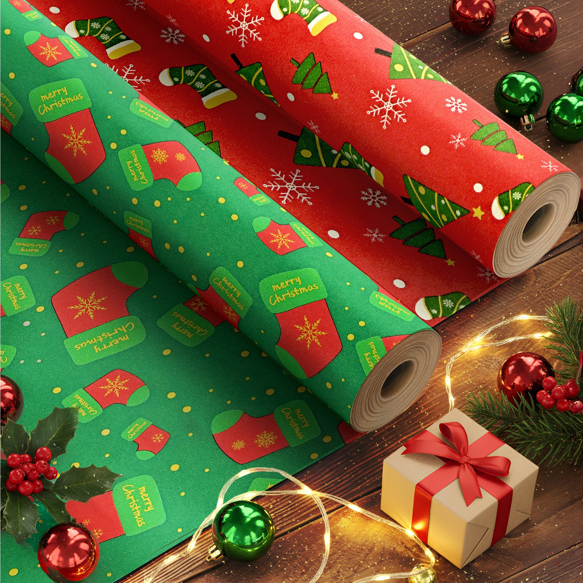 Kraft & Co 2 Pack Christmas Wrapping Paper Roll - Festive Designed Recyclable Kraft Paper, Perfect for Holiday Gifts, Arts & Crafts-Wrapping for a Merry Christmas (44.5cm x 25m)