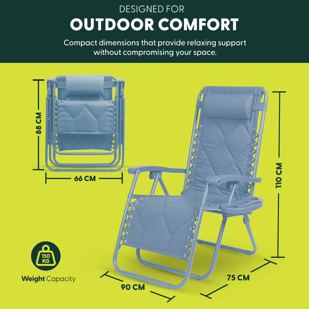 KEPLIN Set of 2 XXL Premium Heavy Duty Quilted Zero Gravity Chairs - Luxurious Garden Recliners, Adjustable Headrest, Cup & Phone Holder, Foldable, Easy to Clean Patio Sun Loungers