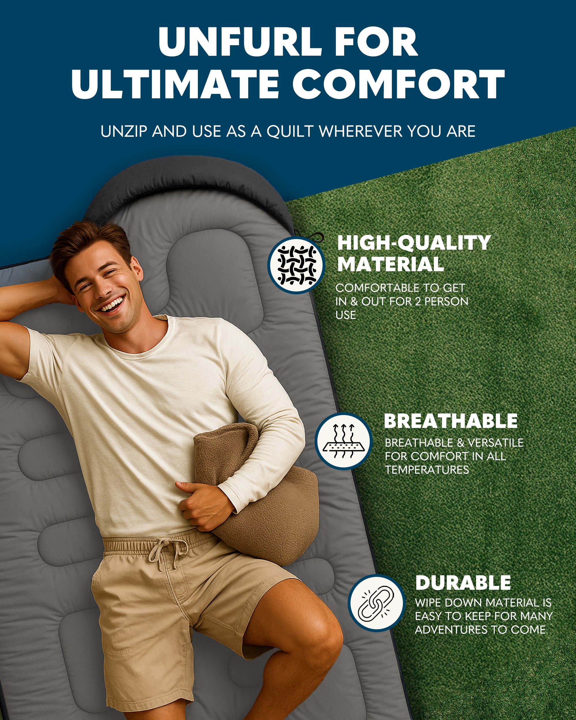 Voyager Sleeping Bag for Adults - Lightweight & Compact, Versatile 3-4 Season Temperature, Spacious Design, Quality Material, Ideal for Camping & Backpacking - 190x30x80cm