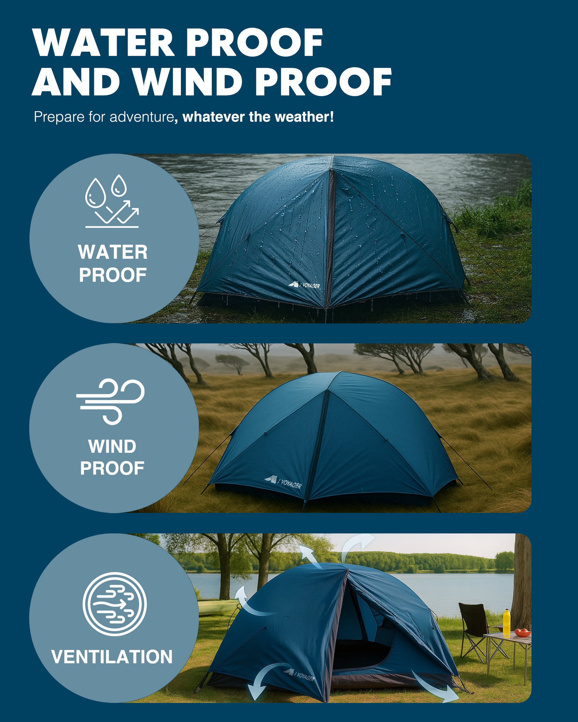 Voyager 2 Man Tent - Waterproof, Windproof, Quick Setup, Spacious 2-Person Camping Tent, Durable, Lightweight Outdoor Shelter, Ideal for Hiking, Backpacking, Camping - 225x135x110cm