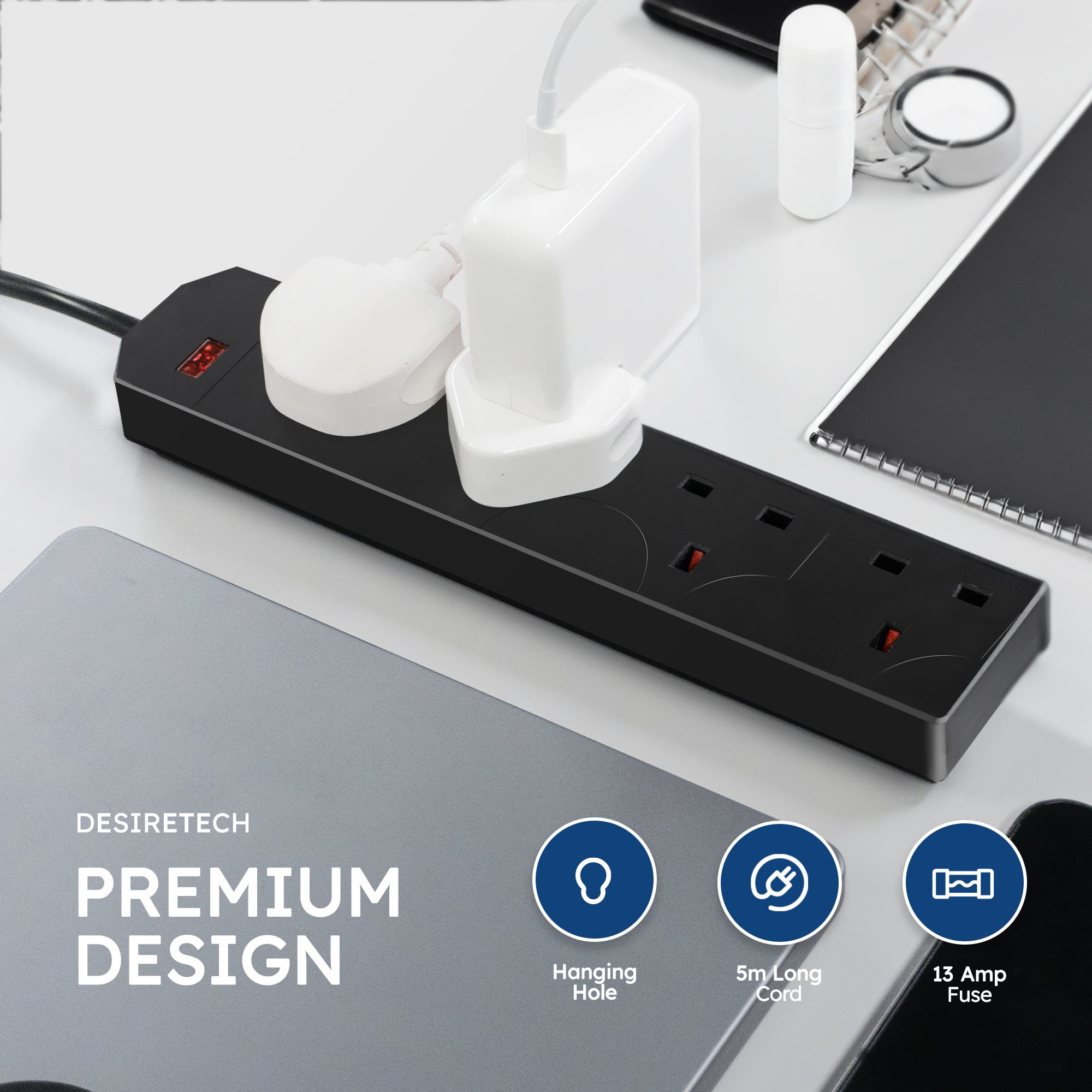 Desiretech Electric Extension Lead - 4 Gang, UK Plug & 3 Pin Socket - Wall Mountable & Multi Socket Mains Strip for Home, Bedroom, Kitchen, & Office (1 Pack)